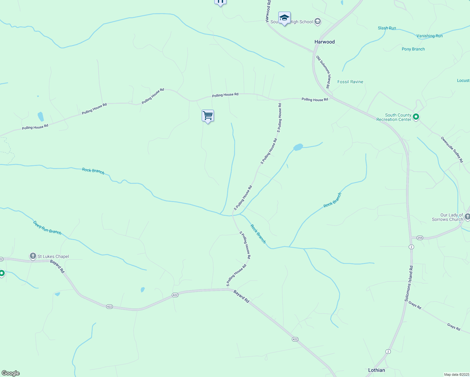 map of restaurants, bars, coffee shops, grocery stores, and more near 4658 South Polling House Road in Harwood