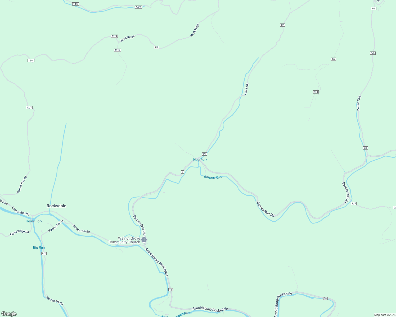 map of restaurants, bars, coffee shops, grocery stores, and more near Barnes Run Road in Arnoldsburg