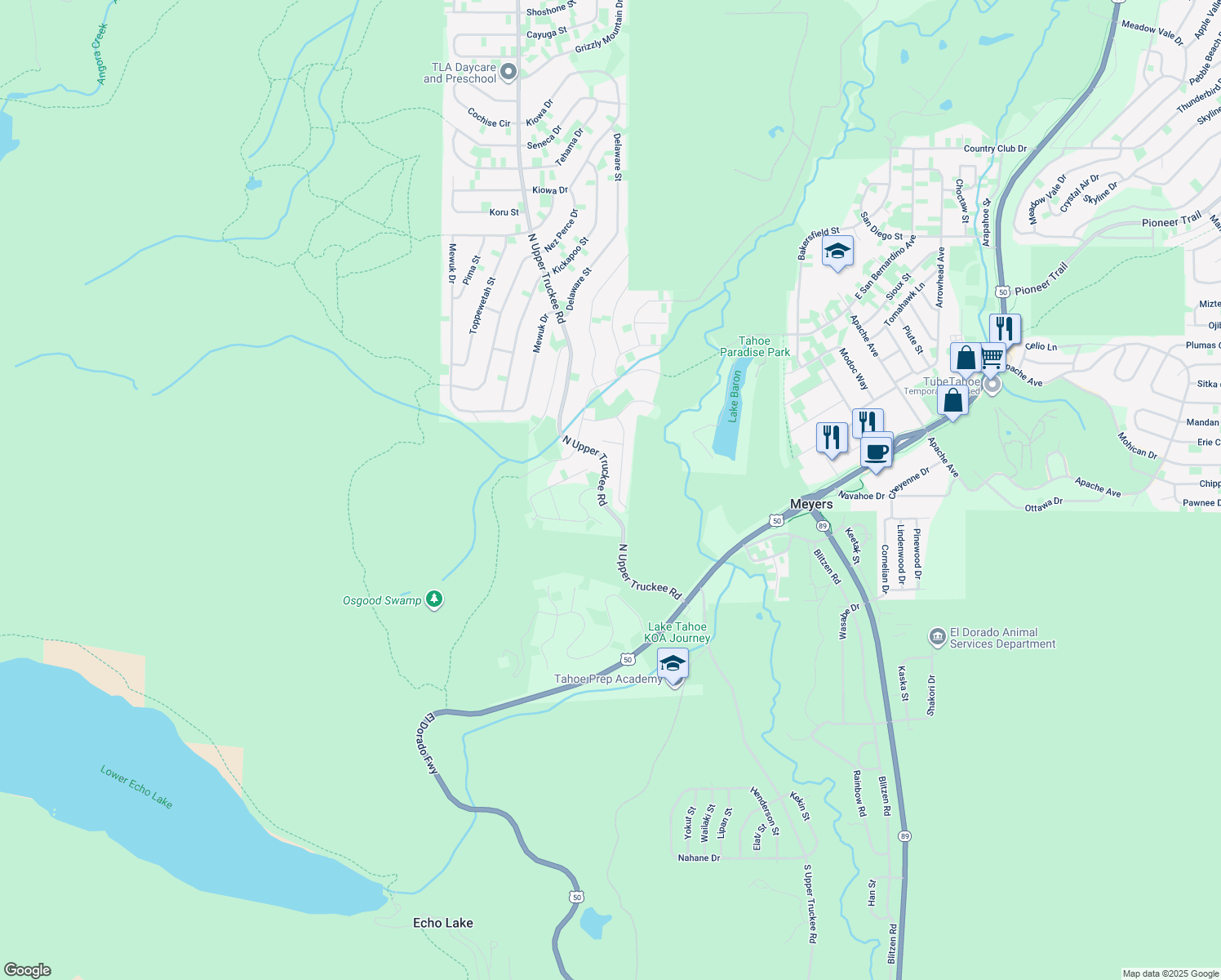 map of restaurants, bars, coffee shops, grocery stores, and more near 2184 Oaxaco Street in South Lake Tahoe