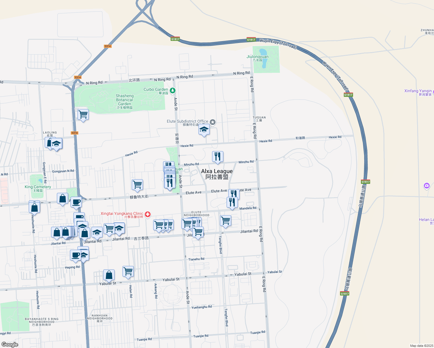 map of restaurants, bars, coffee shops, grocery stores, and more near in Alxa League