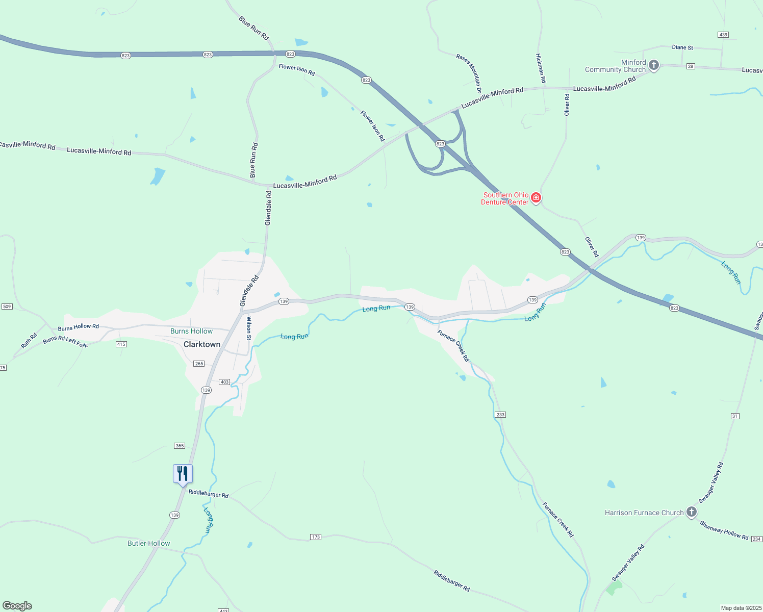 map of restaurants, bars, coffee shops, grocery stores, and more near 8432 Ohio 139 in Minford