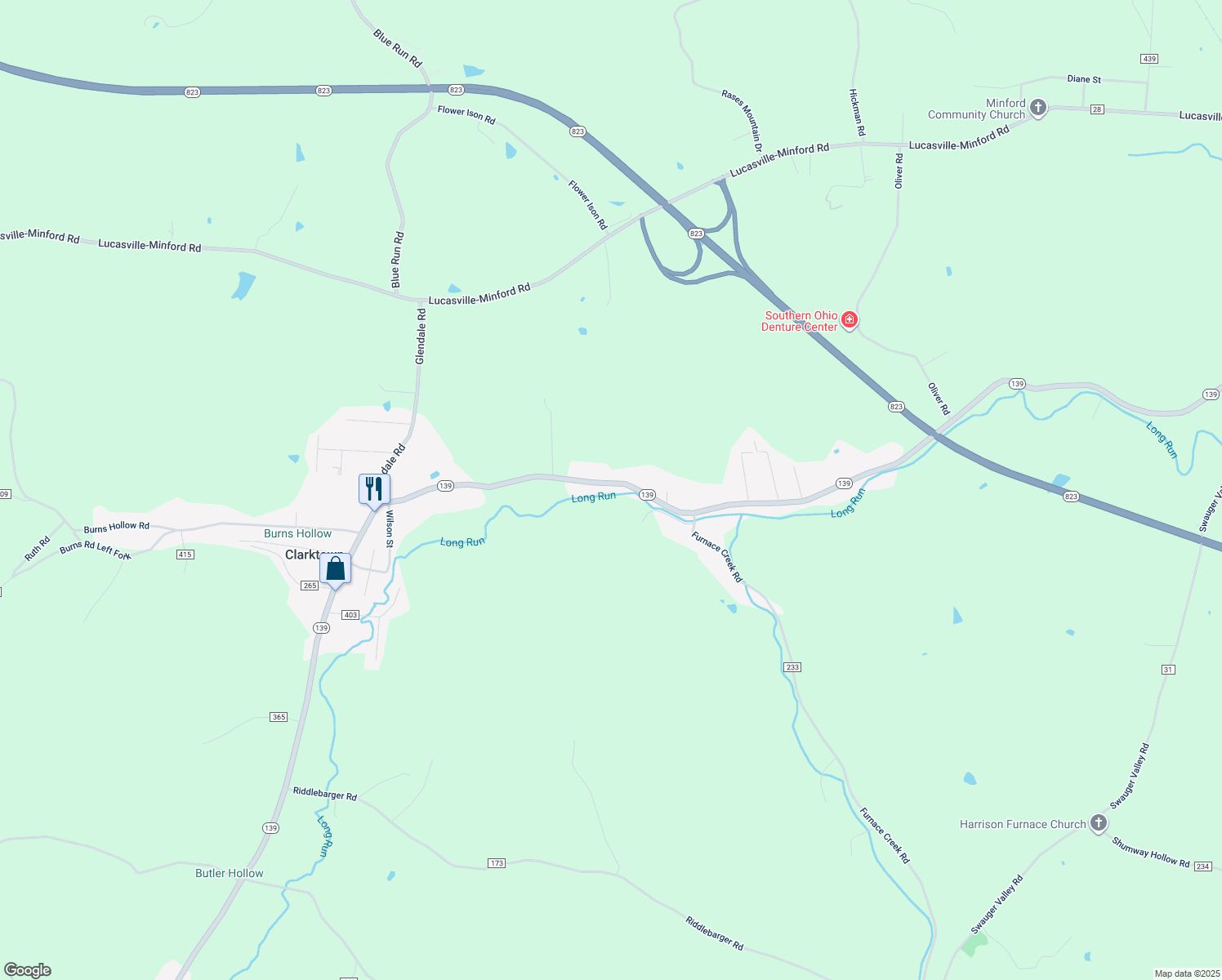map of restaurants, bars, coffee shops, grocery stores, and more near 8432 Ohio 139 in Minford