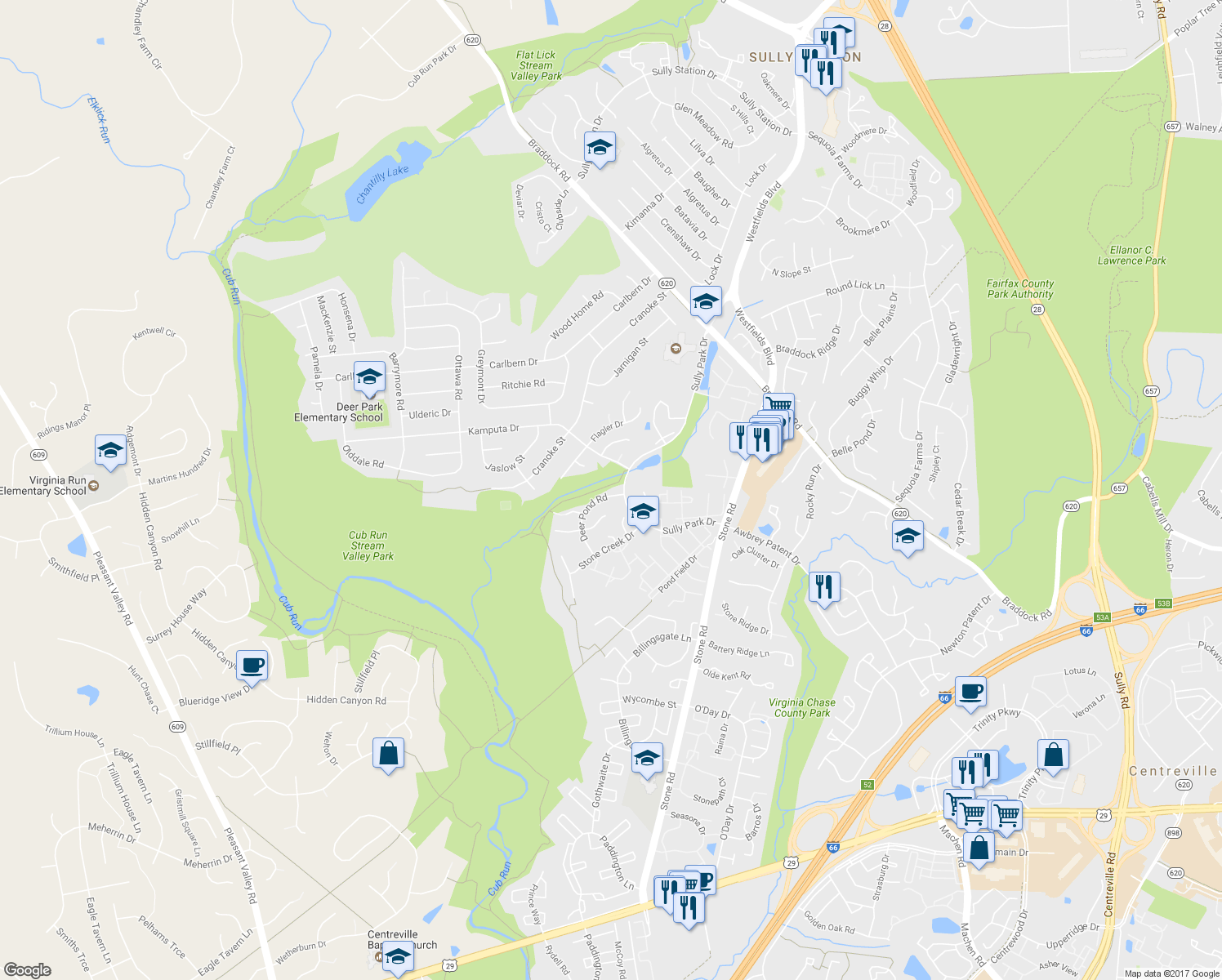 map of restaurants, bars, coffee shops, grocery stores, and more near 5704 Deer Pond Road in Centreville