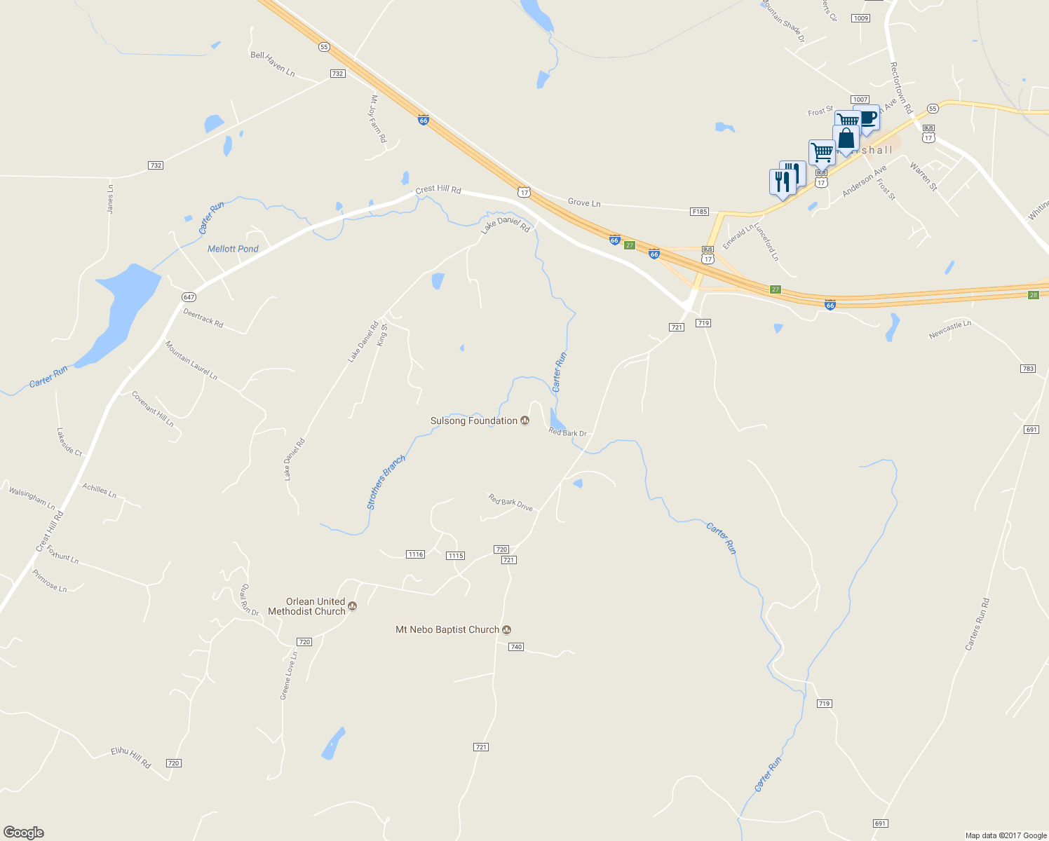 map of restaurants, bars, coffee shops, grocery stores, and more near 4478 Free State Road in Marshall