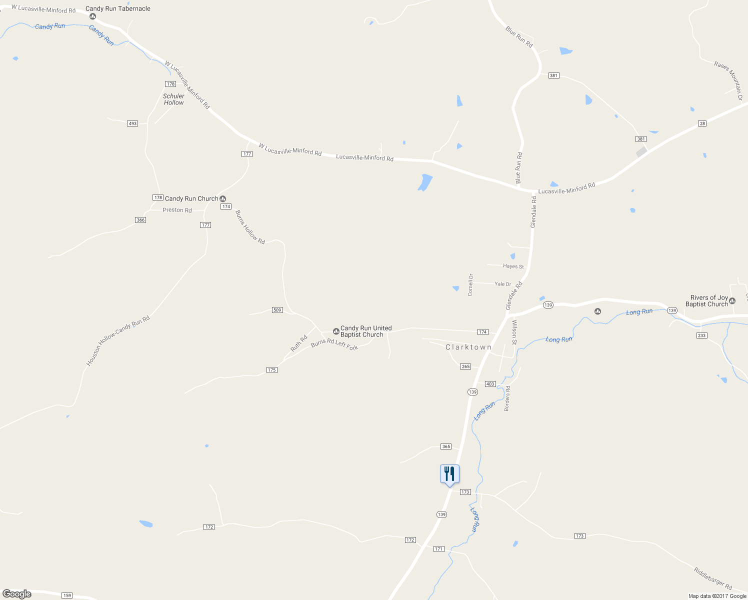 map of restaurants, bars, coffee shops, grocery stores, and more near 596 Burns Hollow Road in Lucasville