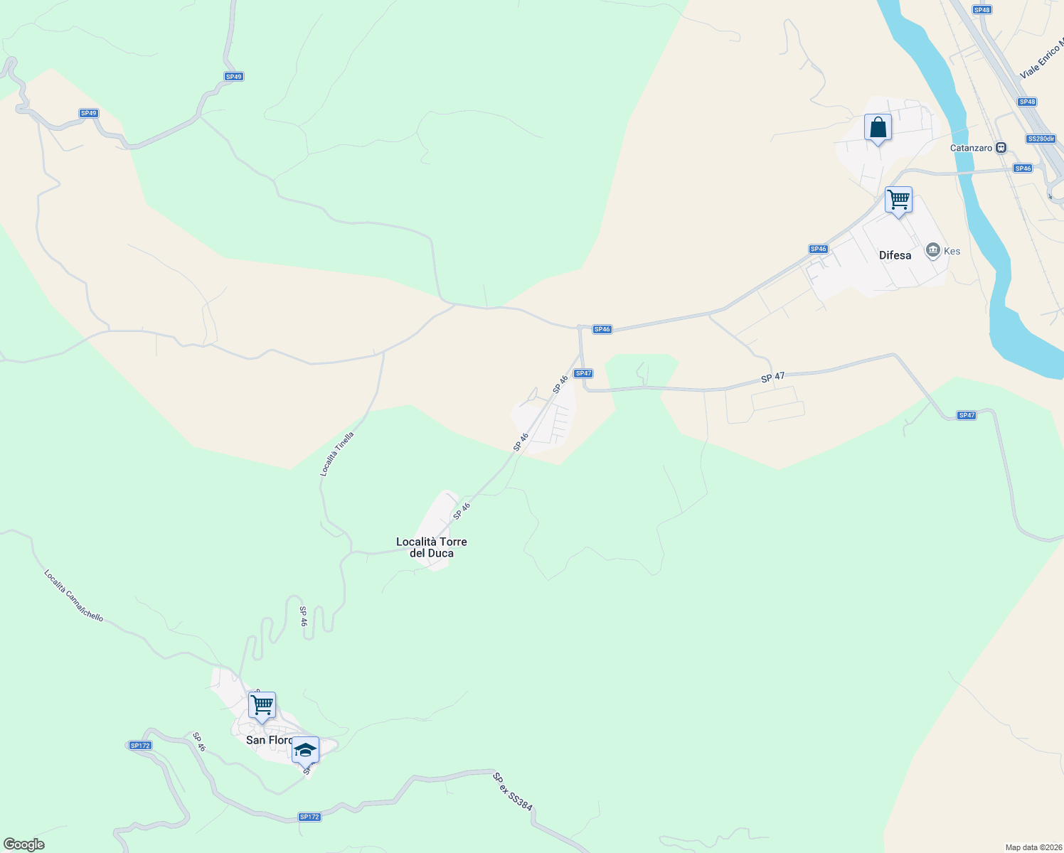 map of restaurants, bars, coffee shops, grocery stores, and more near Strada Provinciale 46 in Provincia di Catanzaro