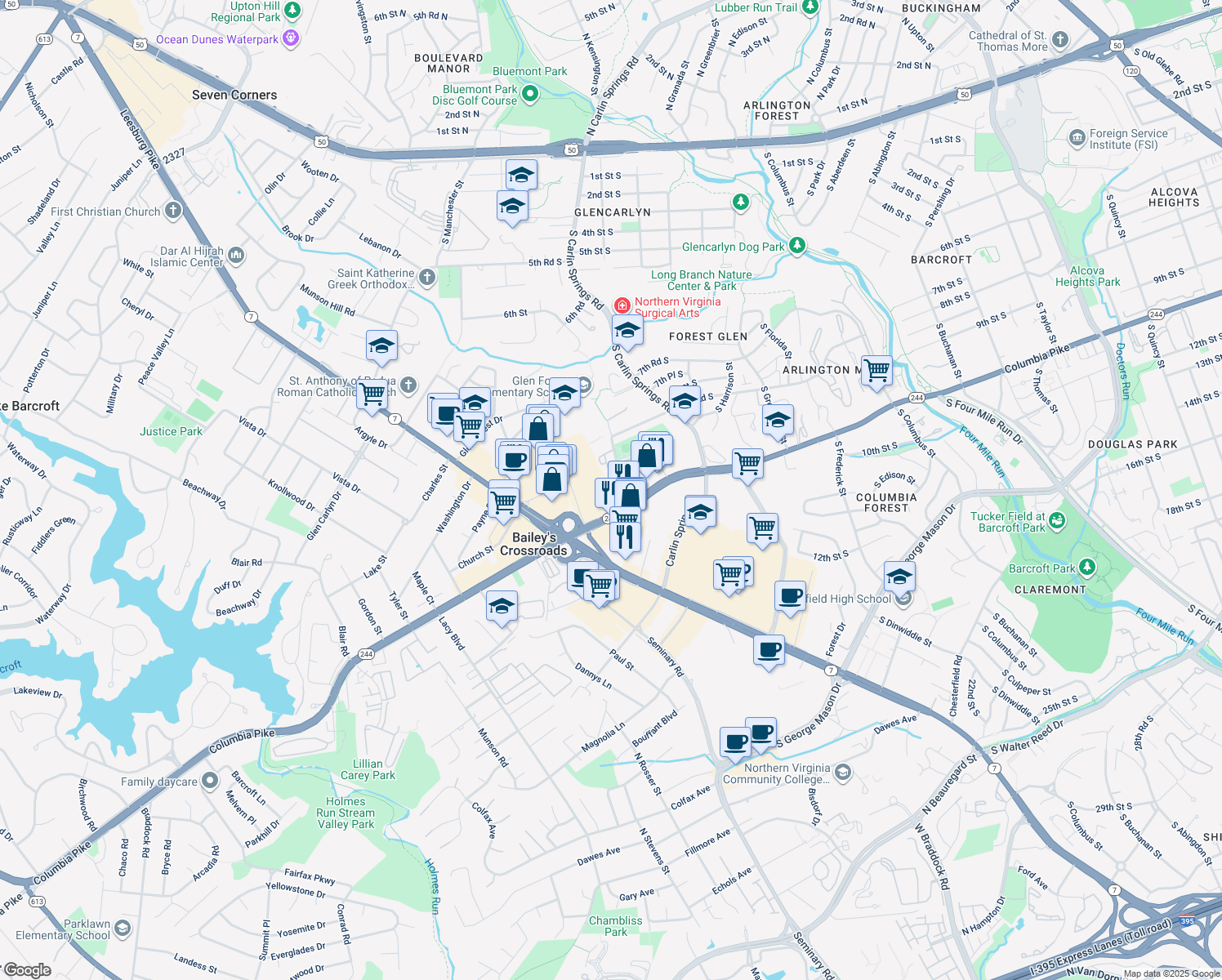 map of restaurants, bars, coffee shops, grocery stores, and more near 3418 Spring Lane in Falls Church