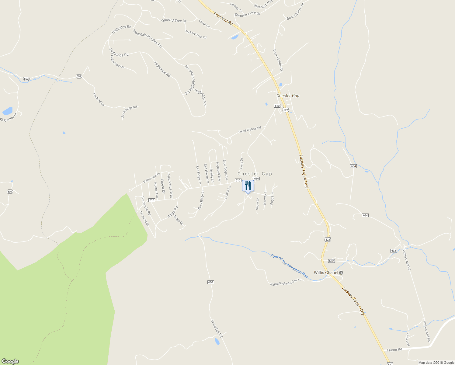 map of restaurants, bars, coffee shops, grocery stores, and more near 114 Blue Ridge Avenue in Chester Gap
