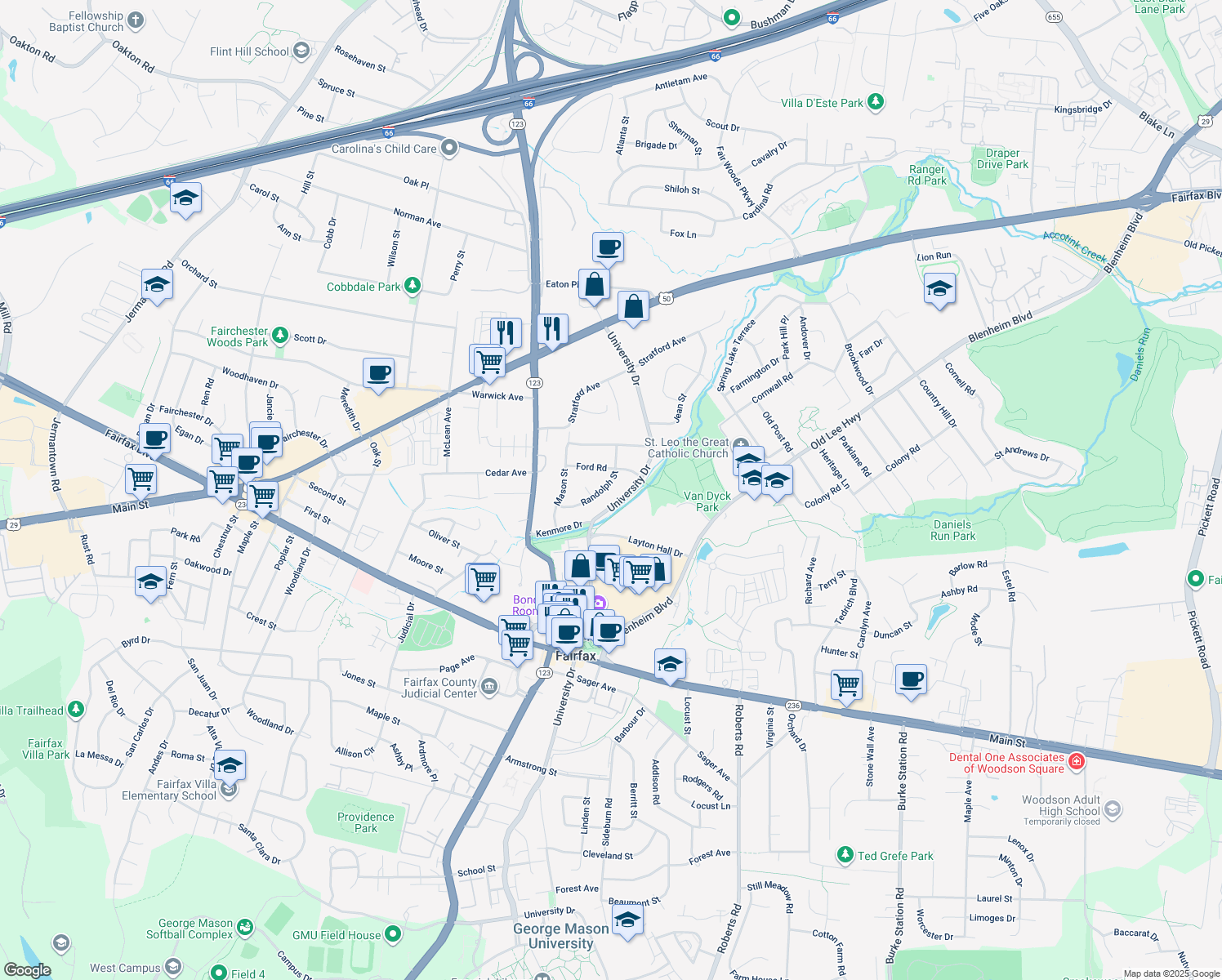 map of restaurants, bars, coffee shops, grocery stores, and more near 3707 Randolph St in Fairfax