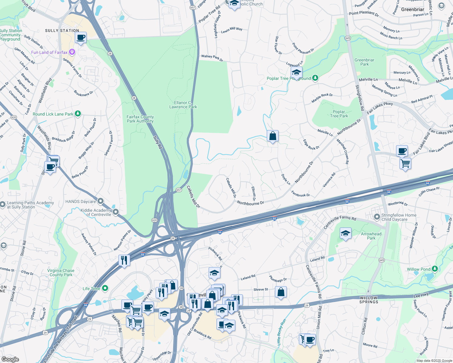 map of restaurants, bars, coffee shops, grocery stores, and more near 13752 Cabells Mill Drive in Centreville