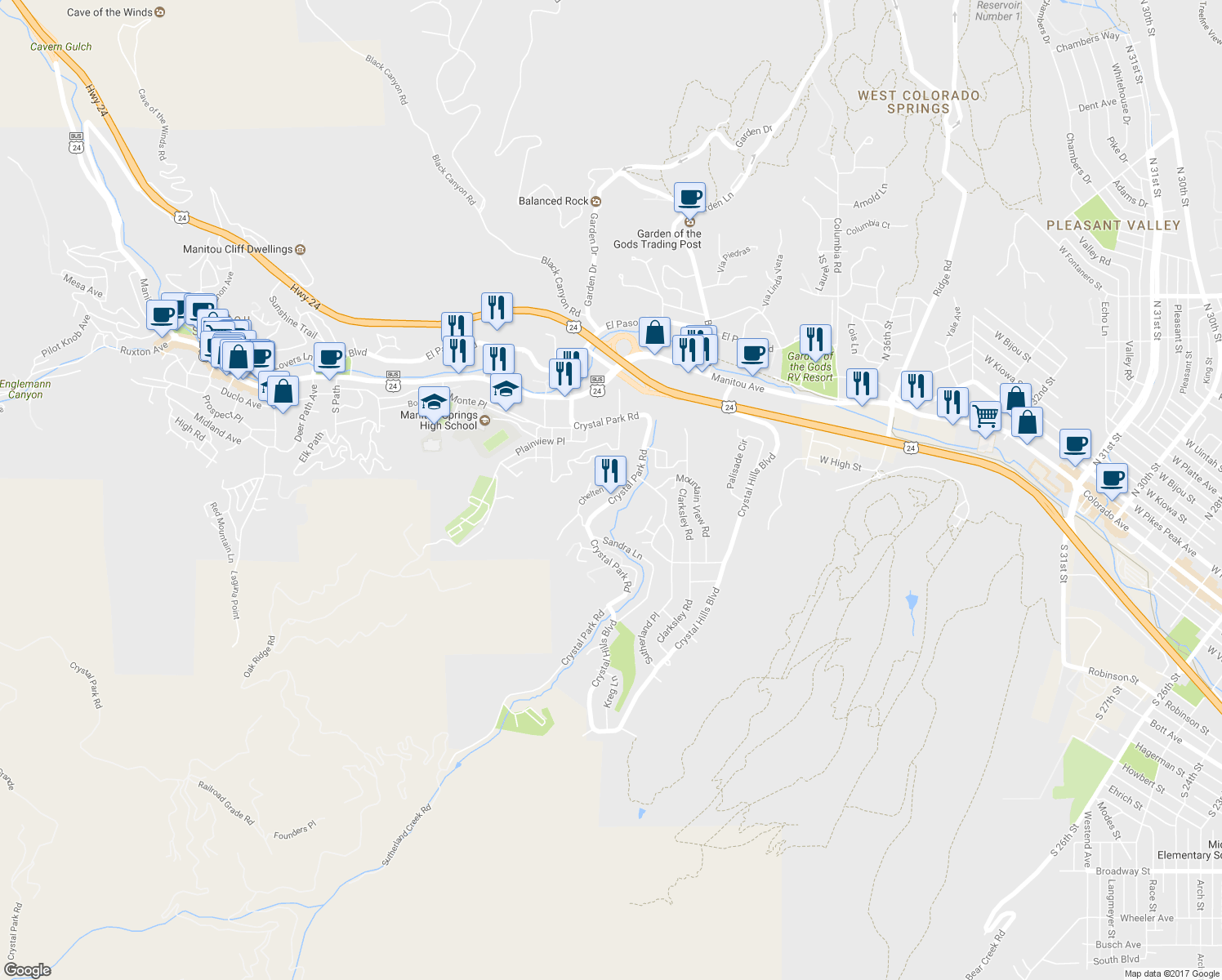 map of restaurants, bars, coffee shops, grocery stores, and more near 173 Chelten Road in Manitou Springs
