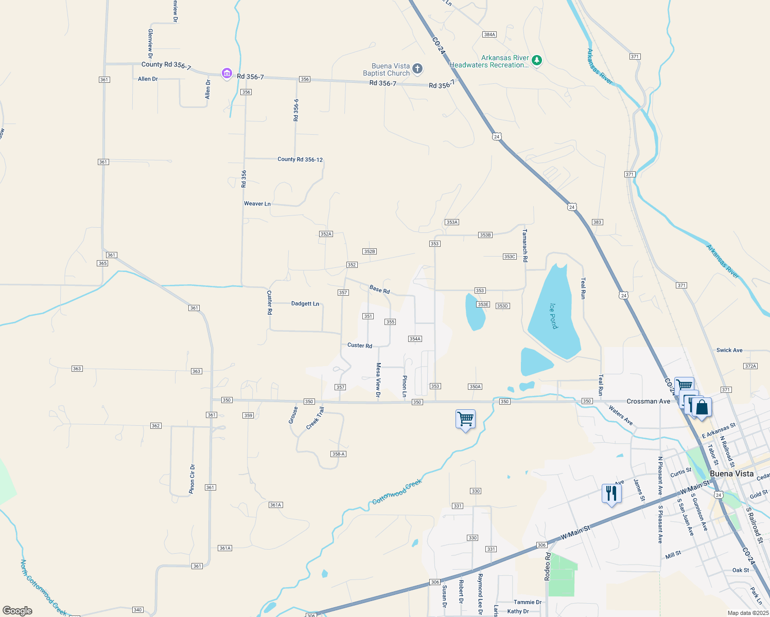 map of restaurants, bars, coffee shops, grocery stores, and more near 29890 County Road 355 in Buena Vista