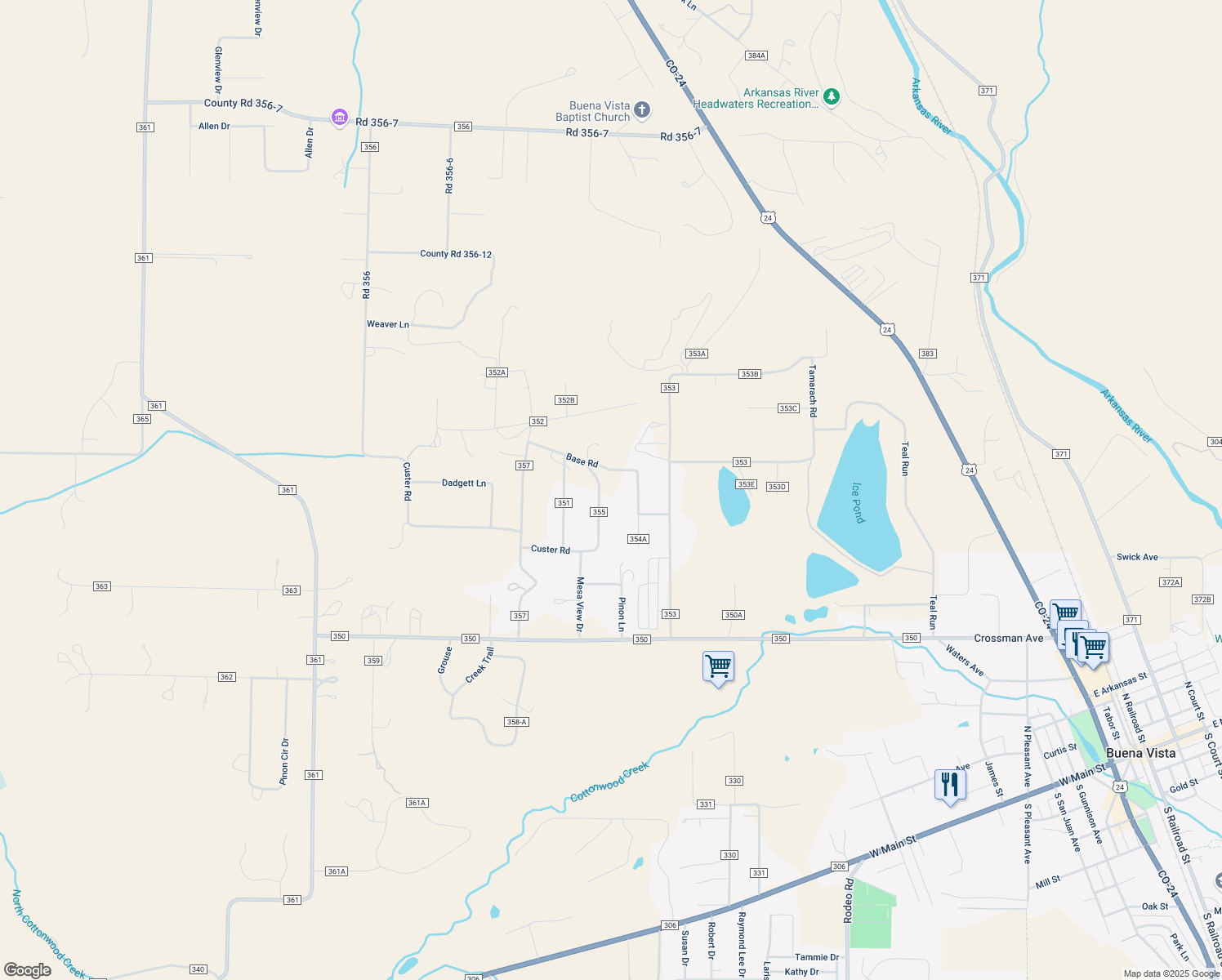 map of restaurants, bars, coffee shops, grocery stores, and more near 29890 County Road 355 in Buena Vista