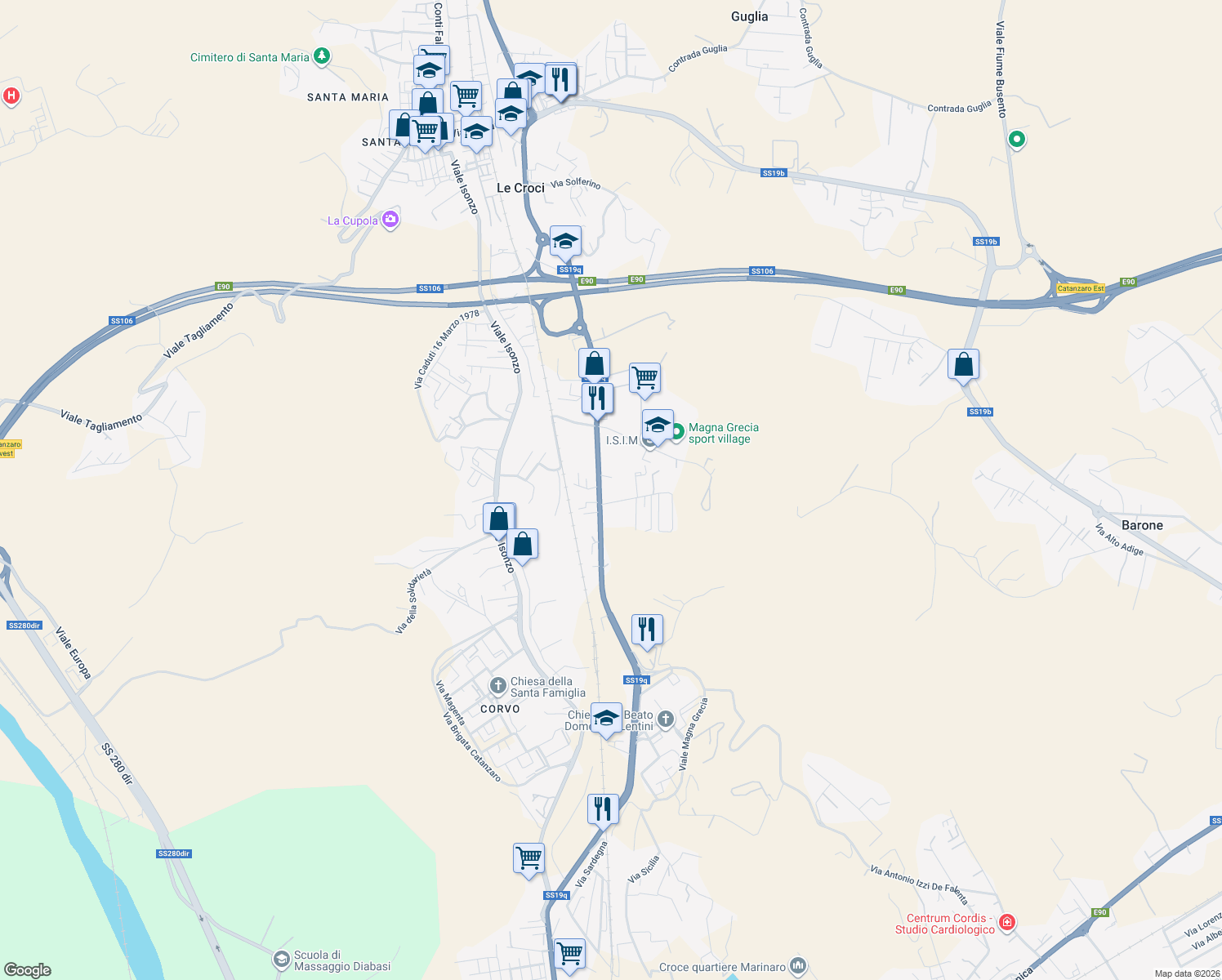 map of restaurants, bars, coffee shops, grocery stores, and more near 299 Strada Statale 19q in Catanzaro