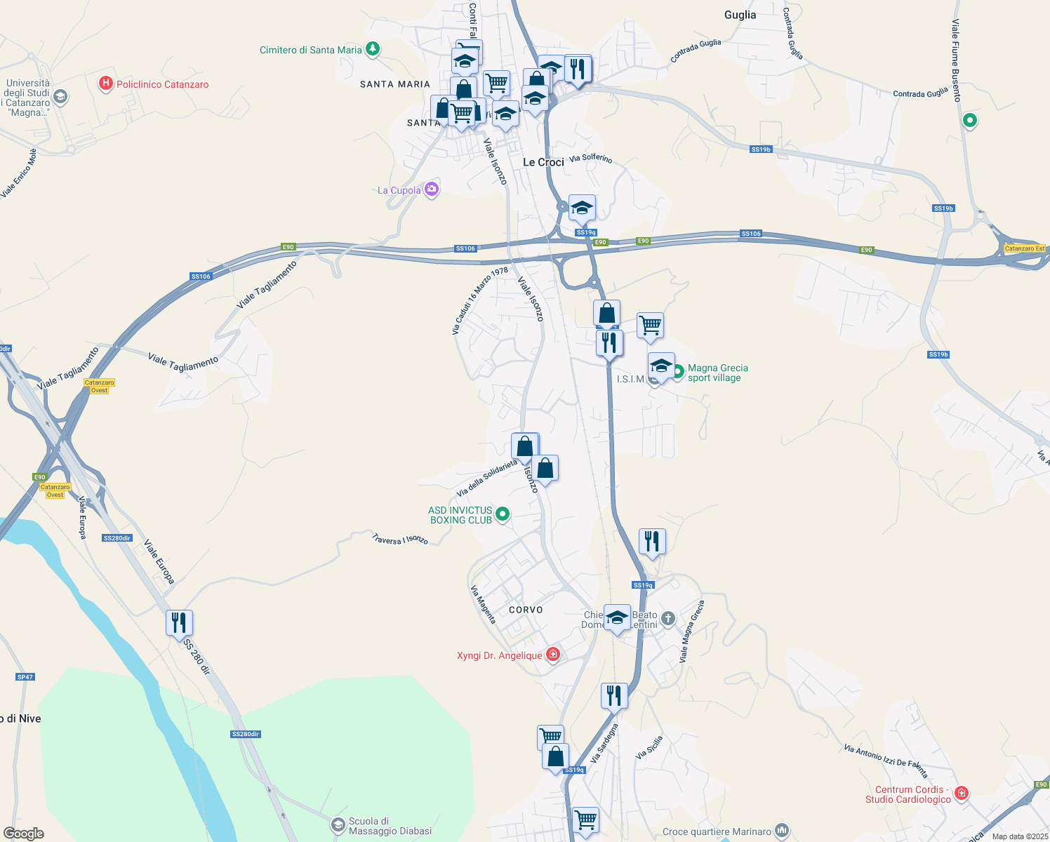 map of restaurants, bars, coffee shops, grocery stores, and more near 420 Viale Isonzo in Catanzaro