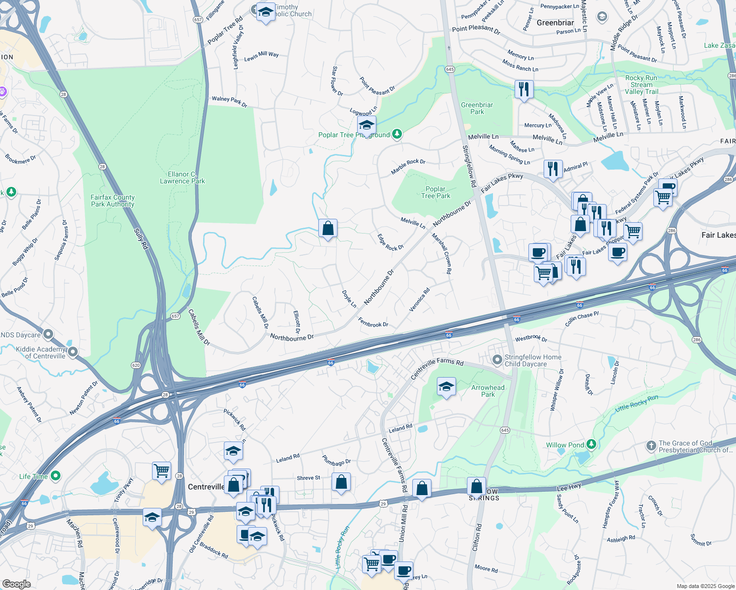 map of restaurants, bars, coffee shops, grocery stores, and more near 13562 Northbourne Drive in Centreville