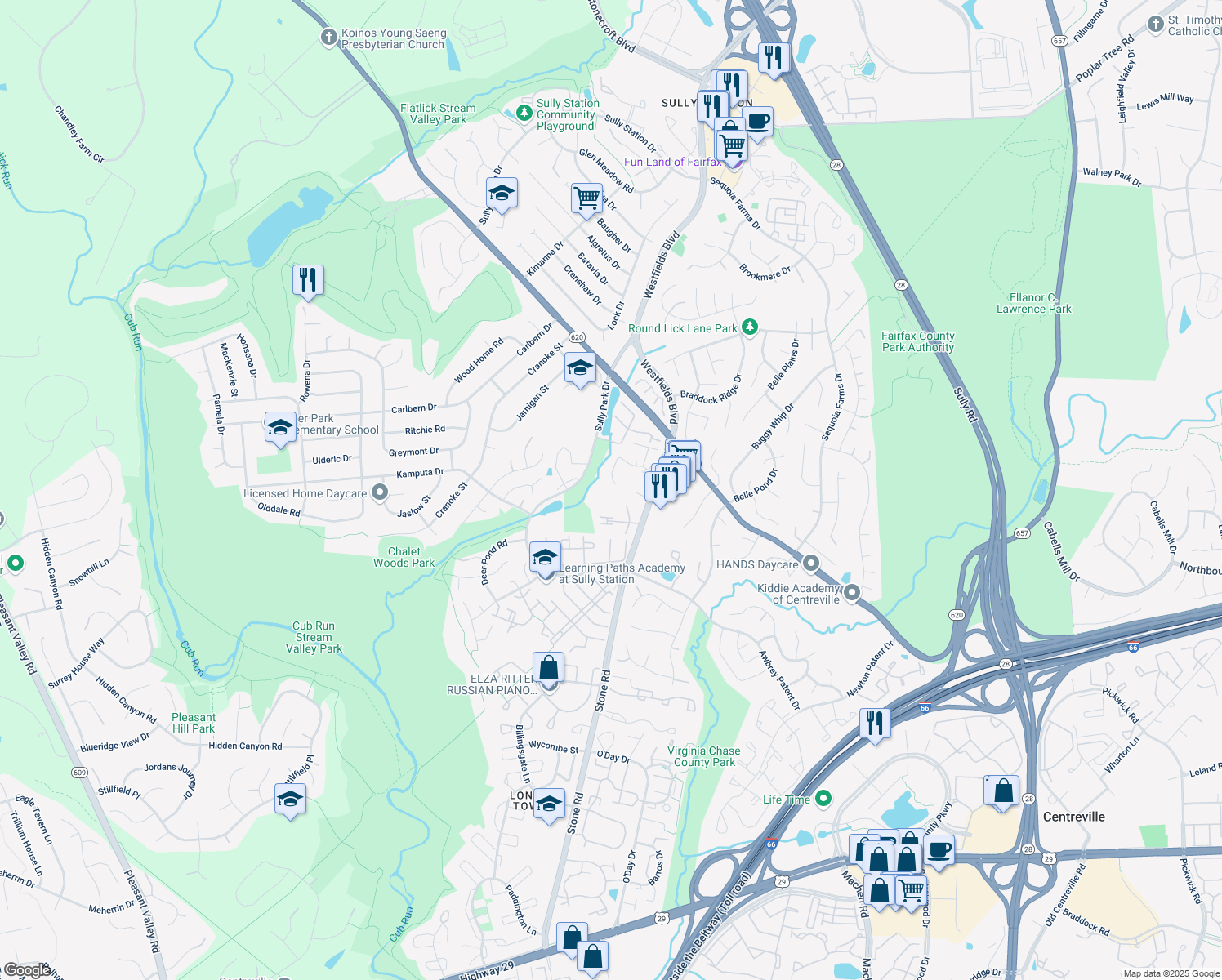 map of restaurants, bars, coffee shops, grocery stores, and more near 14680 Stone Crossing Court in Centreville