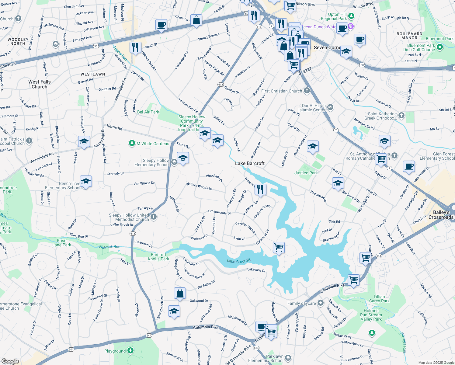 map of restaurants, bars, coffee shops, grocery stores, and more near 3330 Grass Hill Terrace in Falls Church