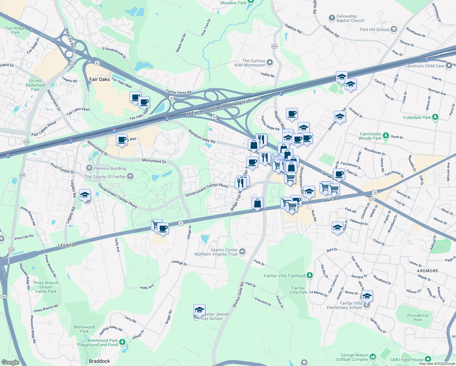 map of restaurants, bars, coffee shops, grocery stores, and more near 11447 Log Ridge Drive in Fairfax