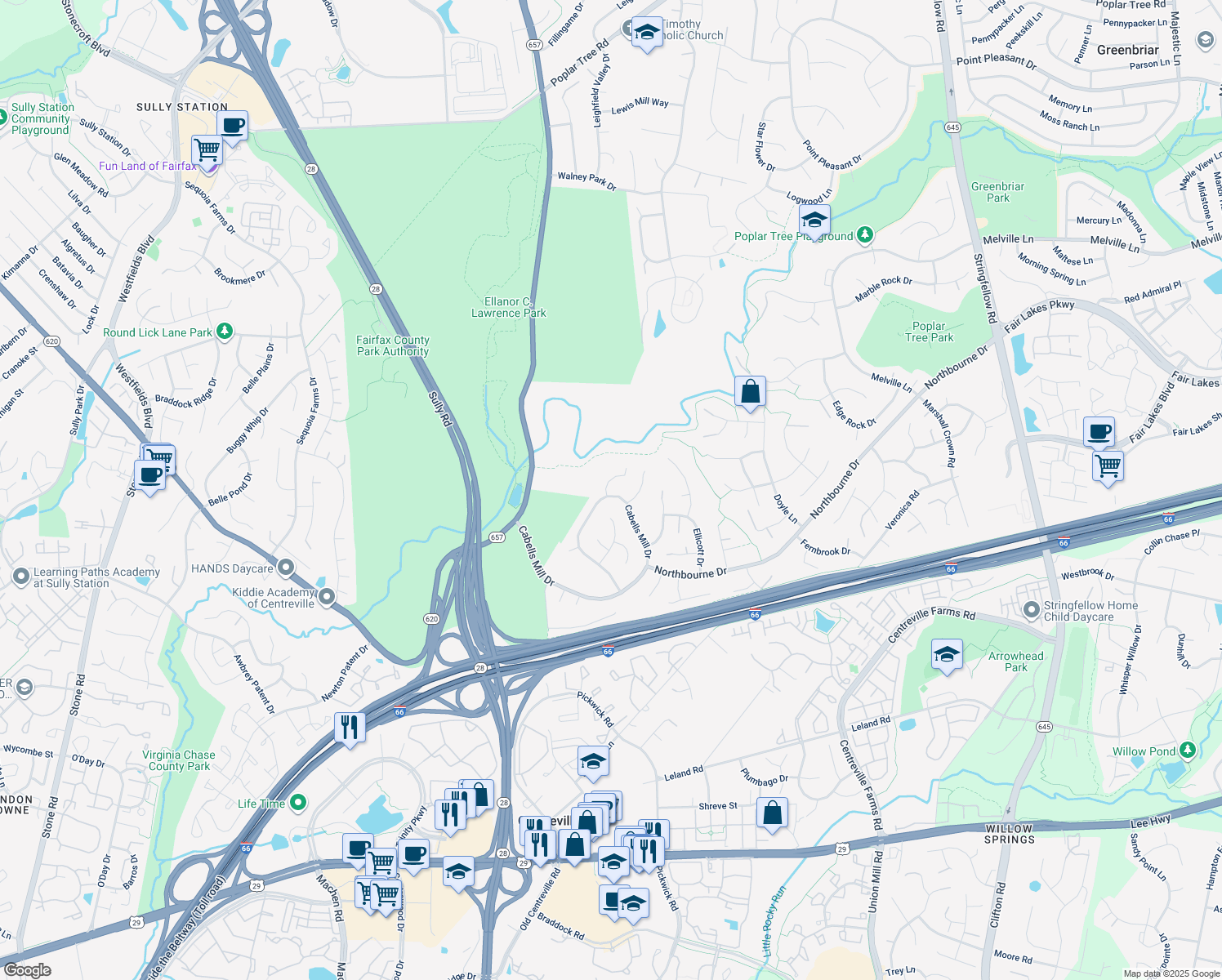 map of restaurants, bars, coffee shops, grocery stores, and more near 5219 Jarrett Court in Centreville