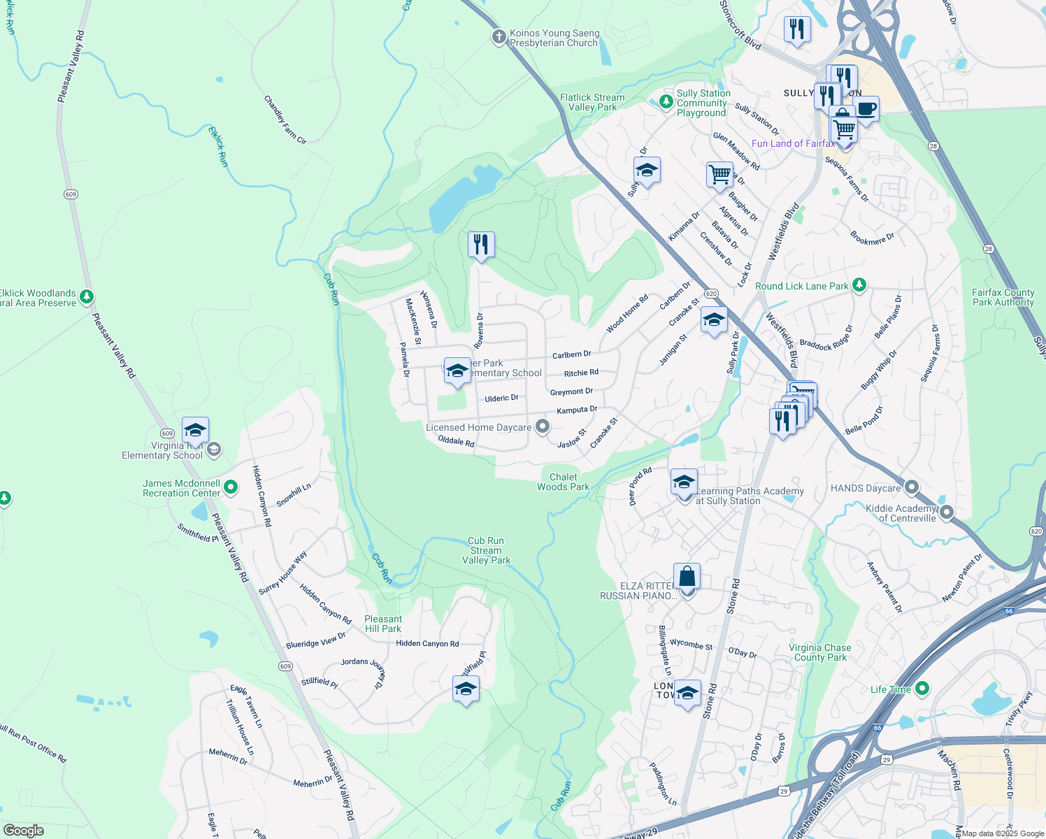 map of restaurants, bars, coffee shops, grocery stores, and more near 15001 Kamputa Drive in Centreville