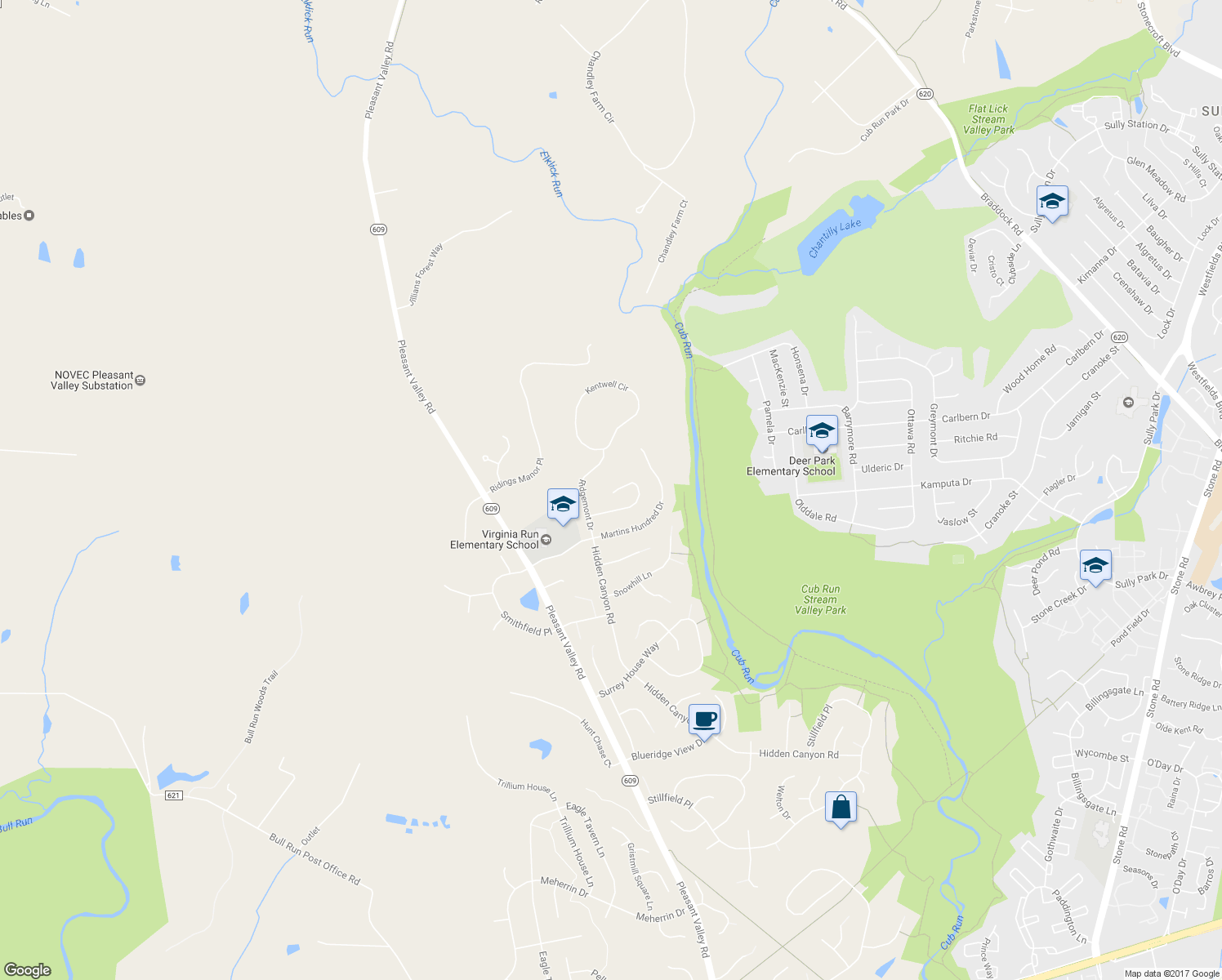 map of restaurants, bars, coffee shops, grocery stores, and more near 15462 Waters Creek Drive in Centreville
