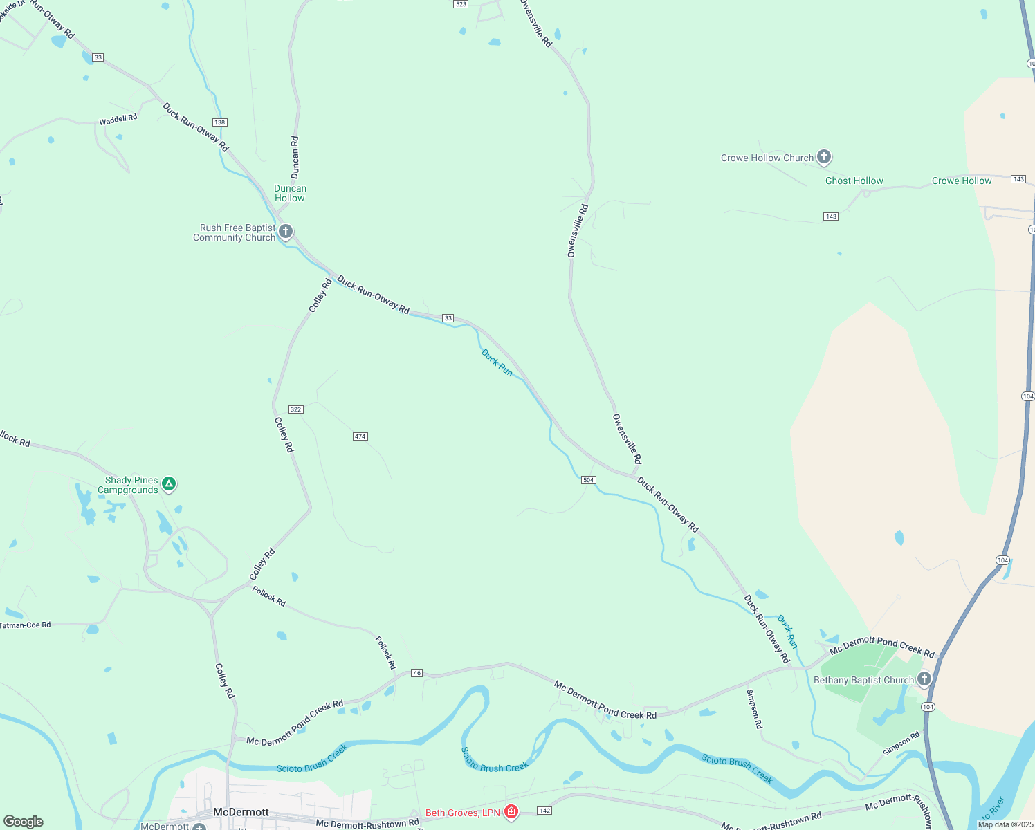 map of restaurants, bars, coffee shops, grocery stores, and more near 75 Duck Run-Otway Road in McDermott