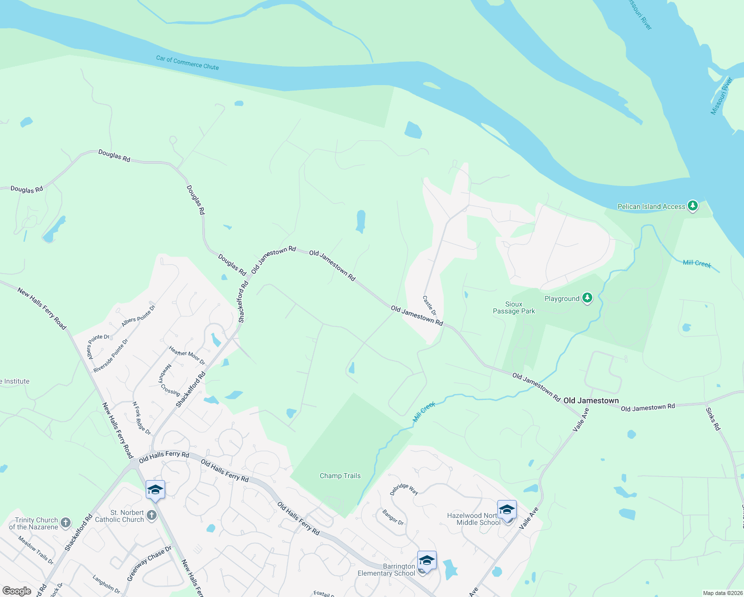 map of restaurants, bars, coffee shops, grocery stores, and more near 19201 Old Jamestown Road in Florissant