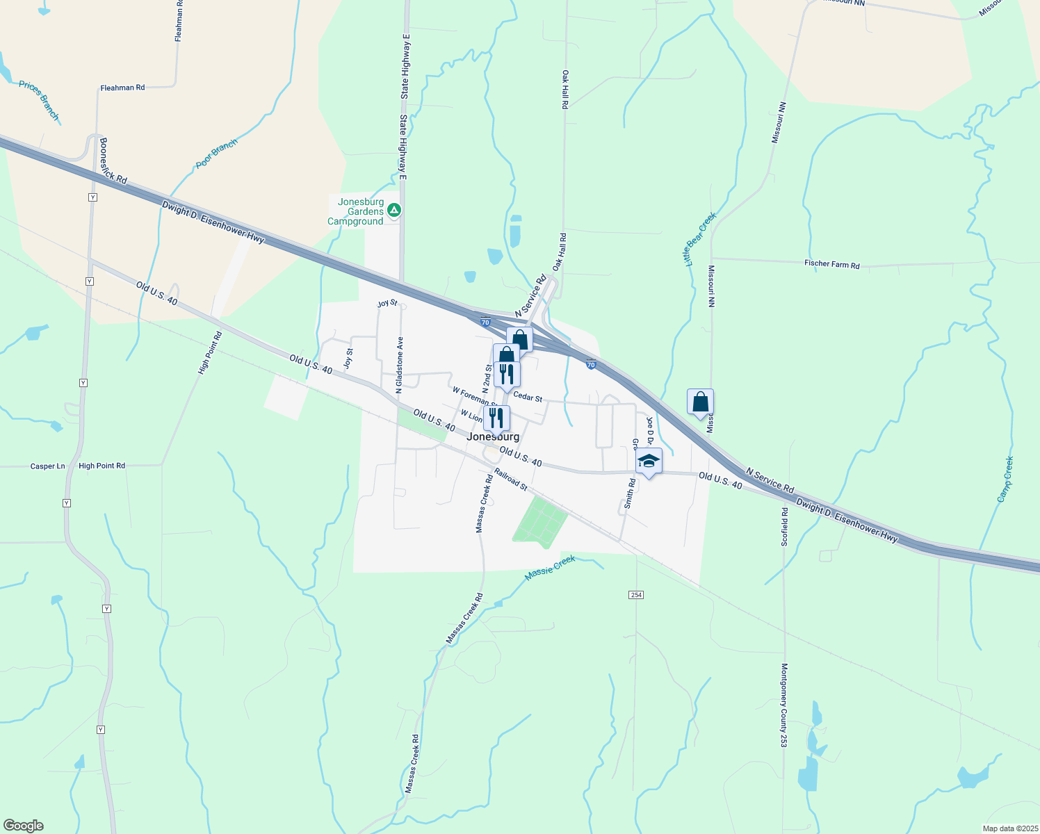 map of restaurants, bars, coffee shops, grocery stores, and more near 106 East Foreman Street in Jonesburg