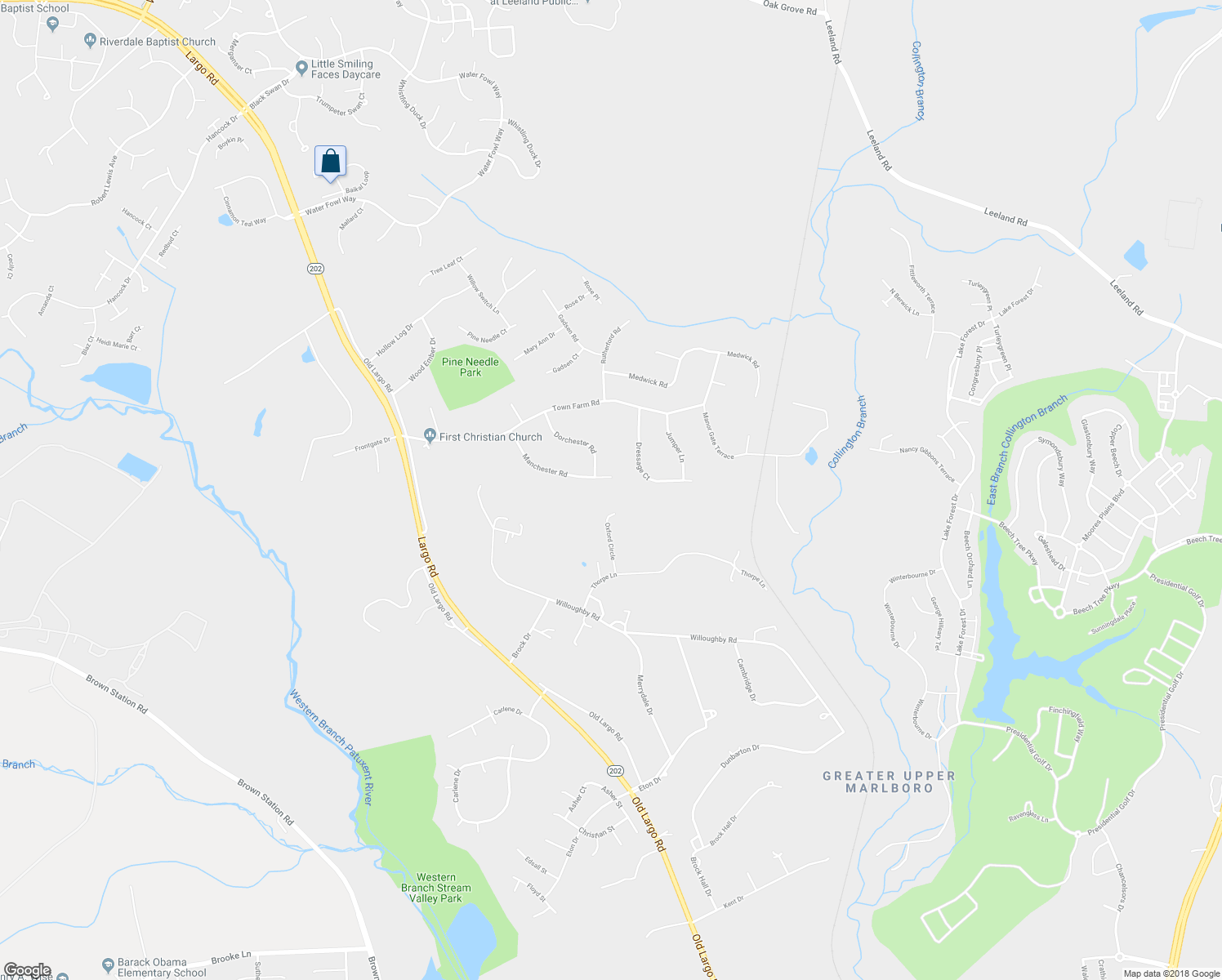 map of restaurants, bars, coffee shops, grocery stores, and more near 14105 Manchester Road in Upper Marlboro