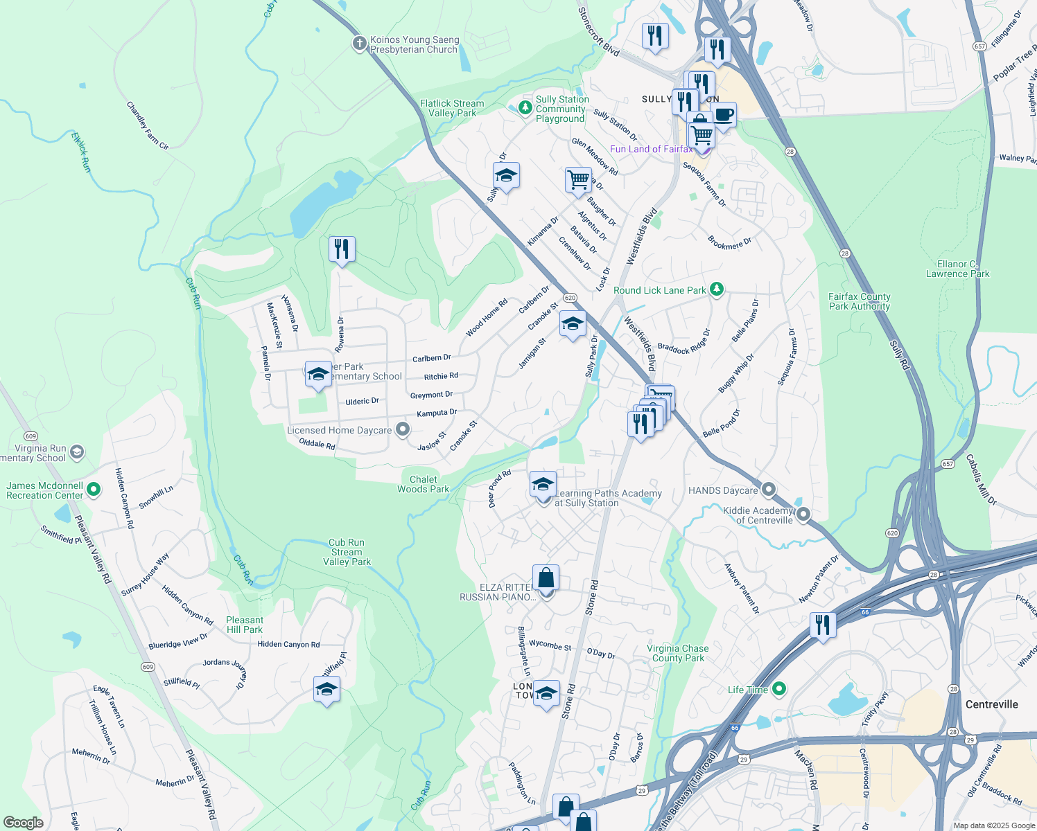 map of restaurants, bars, coffee shops, grocery stores, and more near 5631 Flagler Drive in Centreville