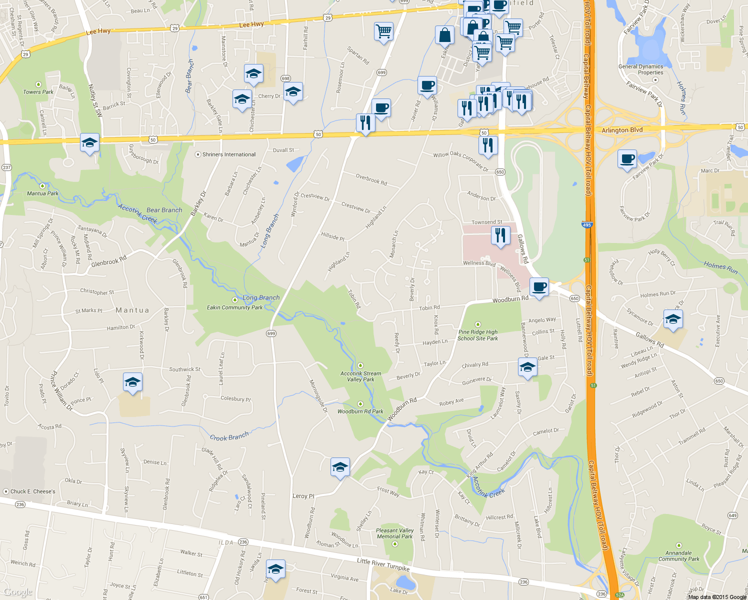 map of restaurants, bars, coffee shops, grocery stores, and more near 3363 Taleen Ct in Annandale