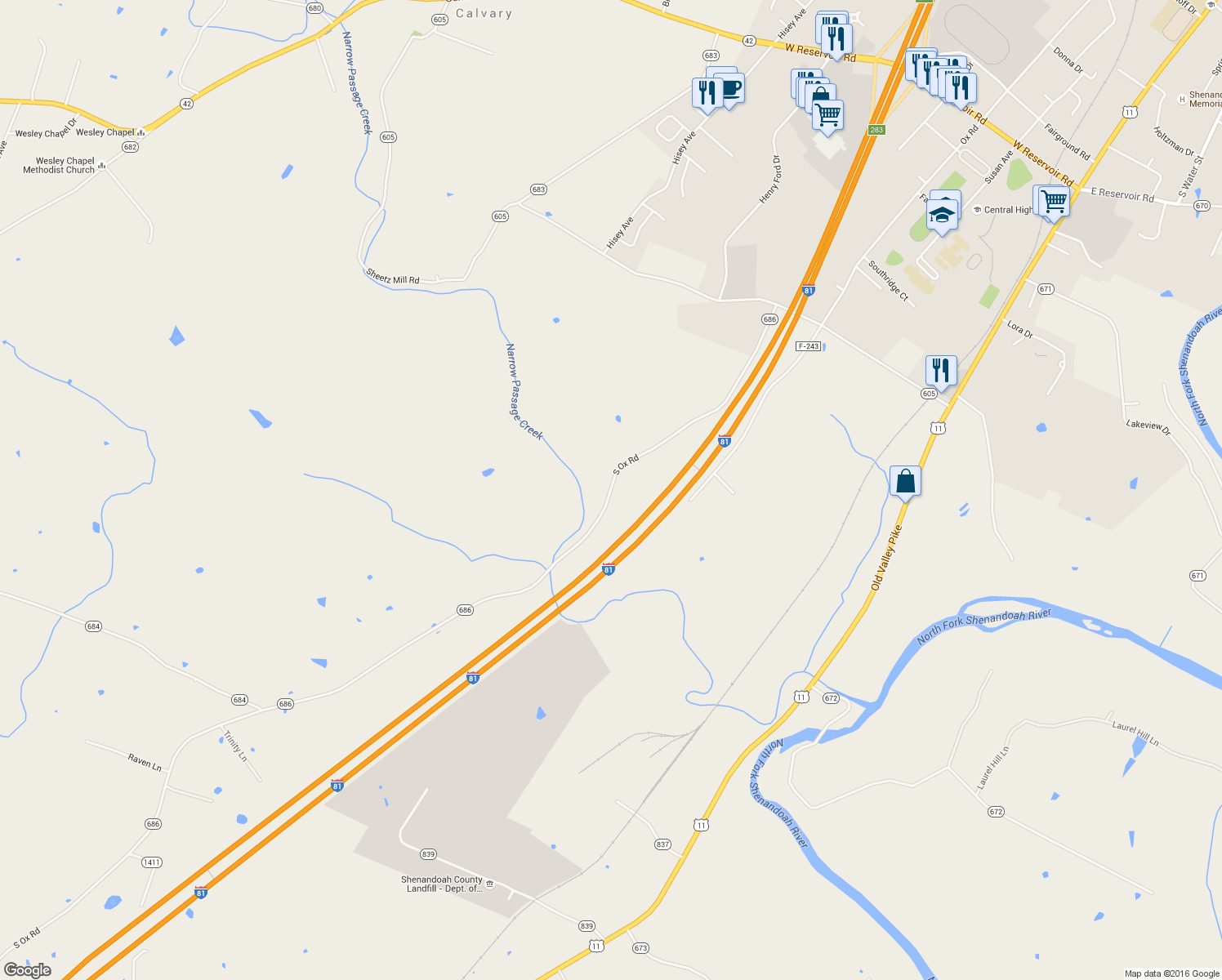 map of restaurants, bars, coffee shops, grocery stores, and more near 4750 South Ox Road in Shenandoah County