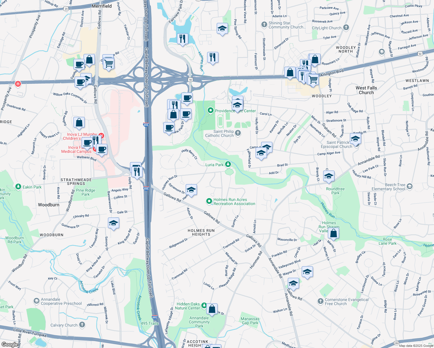map of restaurants, bars, coffee shops, grocery stores, and more near 7631 Holmes Run Drive in Falls Church