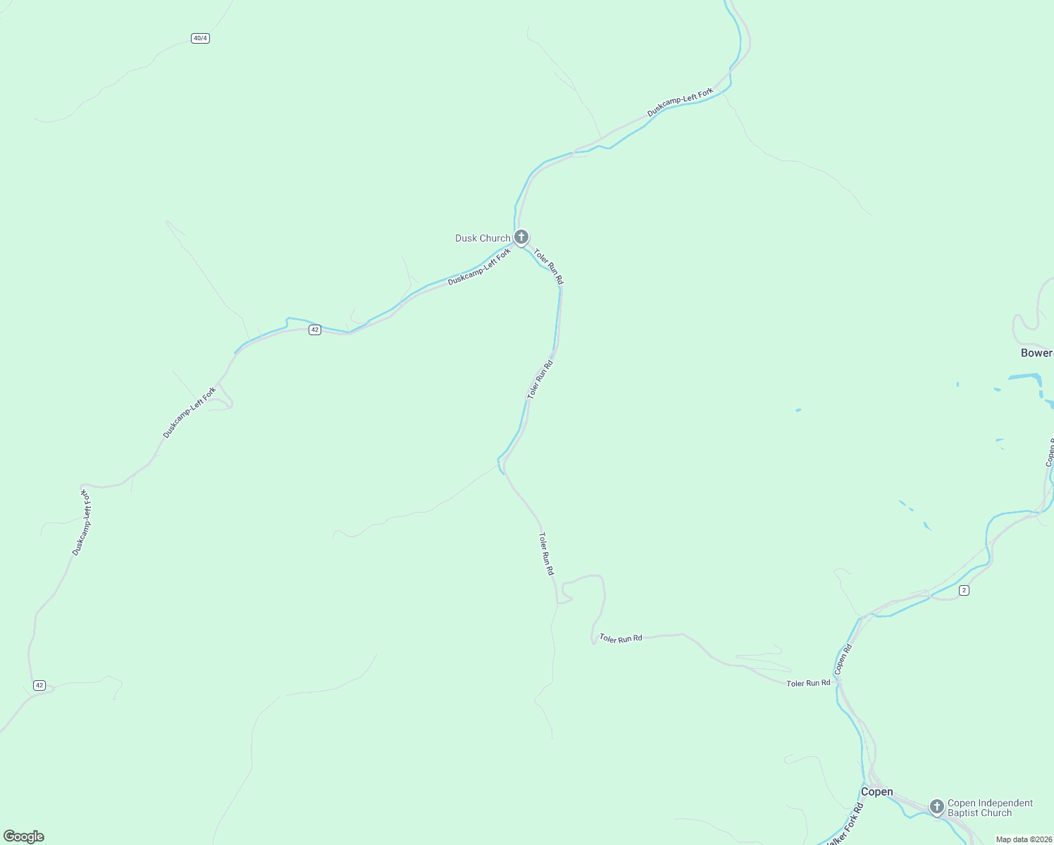 map of restaurants, bars, coffee shops, grocery stores, and more near Toler Run Road in Sand Fork