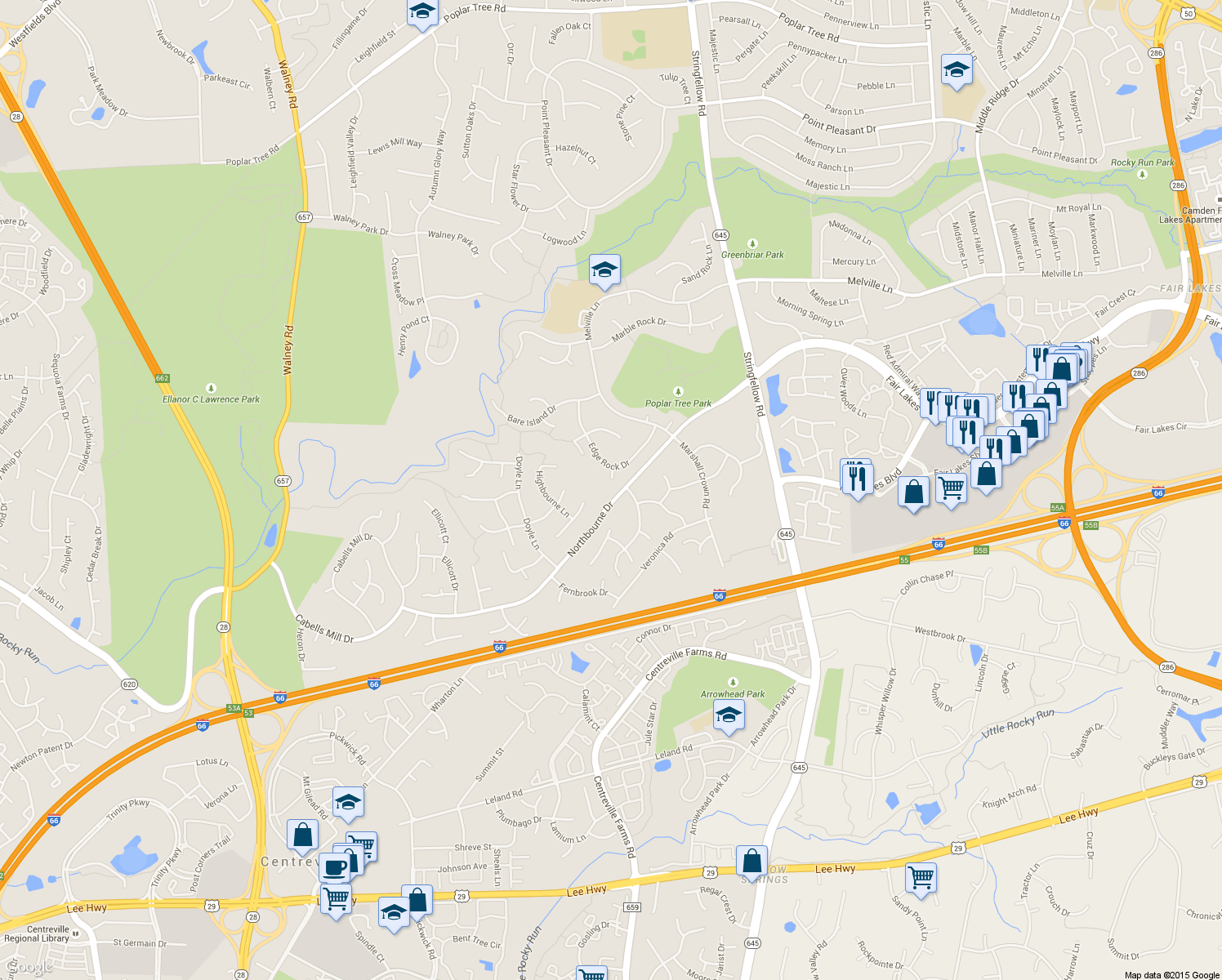 map of restaurants, bars, coffee shops, grocery stores, and more near 5006 Flint Rock Court in Chantilly