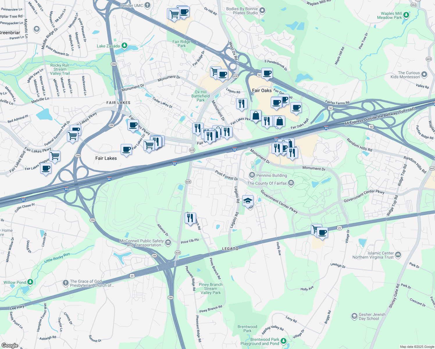 map of restaurants, bars, coffee shops, grocery stores, and more near 12244 Water Elm Ln in Fairfax
