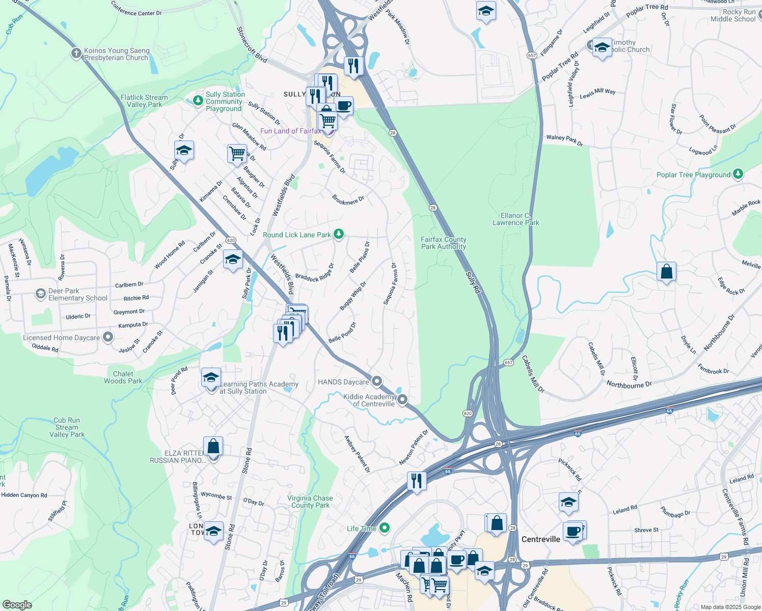 map of restaurants, bars, coffee shops, grocery stores, and more near 5436 Sequoia Farms Drive in Centreville