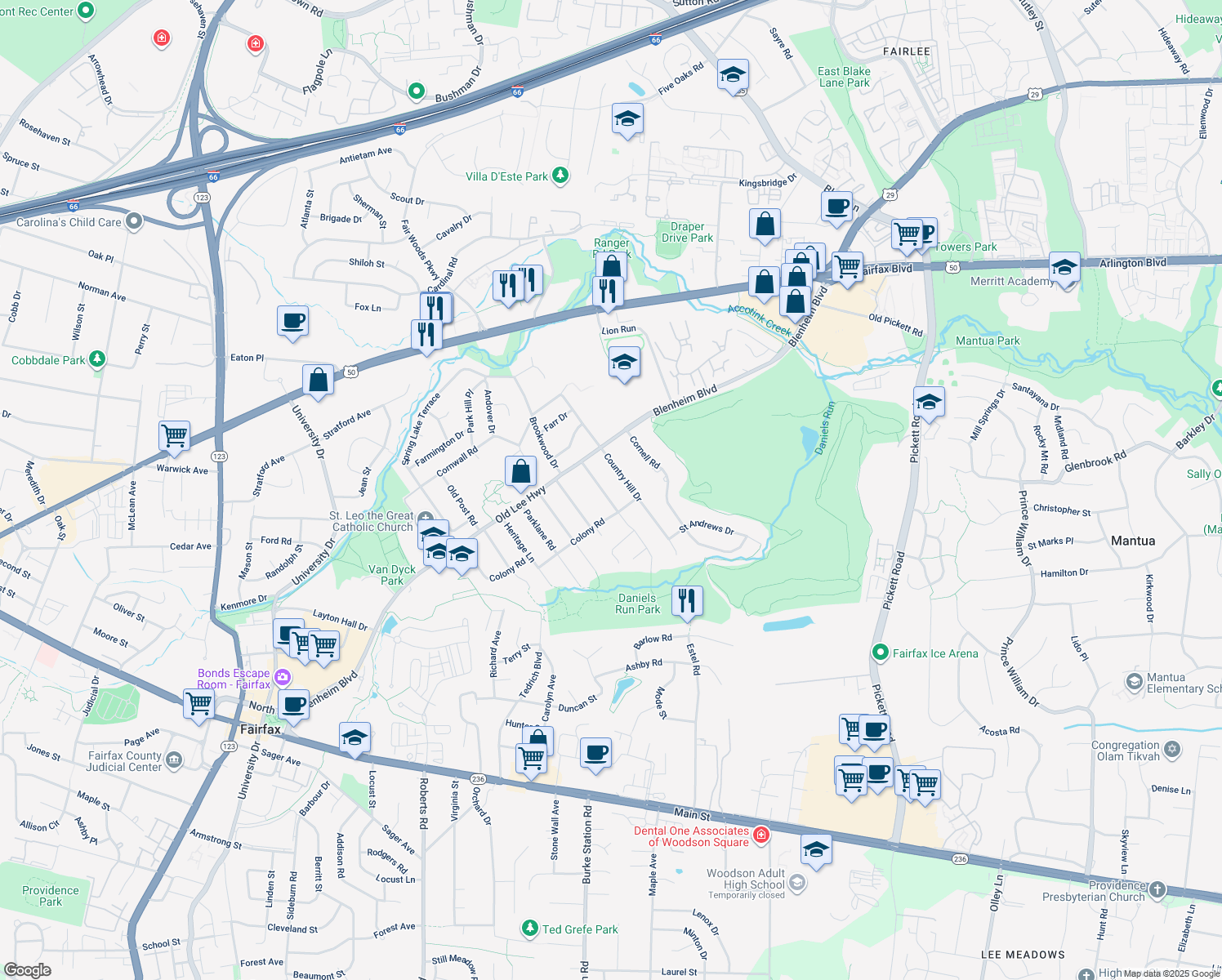 map of restaurants, bars, coffee shops, grocery stores, and more near 3514 Queen Anne Drive in Fairfax