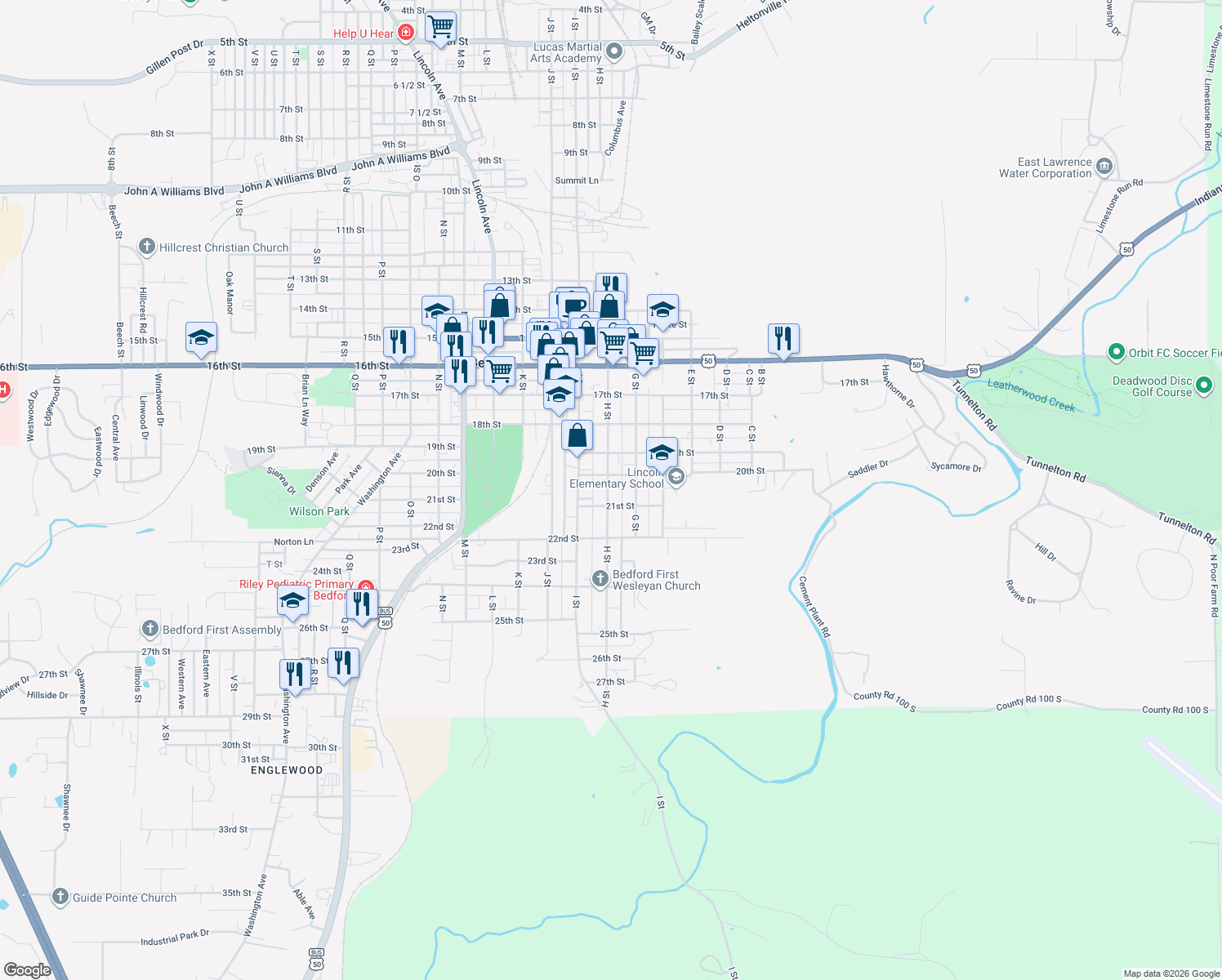 map of restaurants, bars, coffee shops, grocery stores, and more near 2016 H Street in Bedford