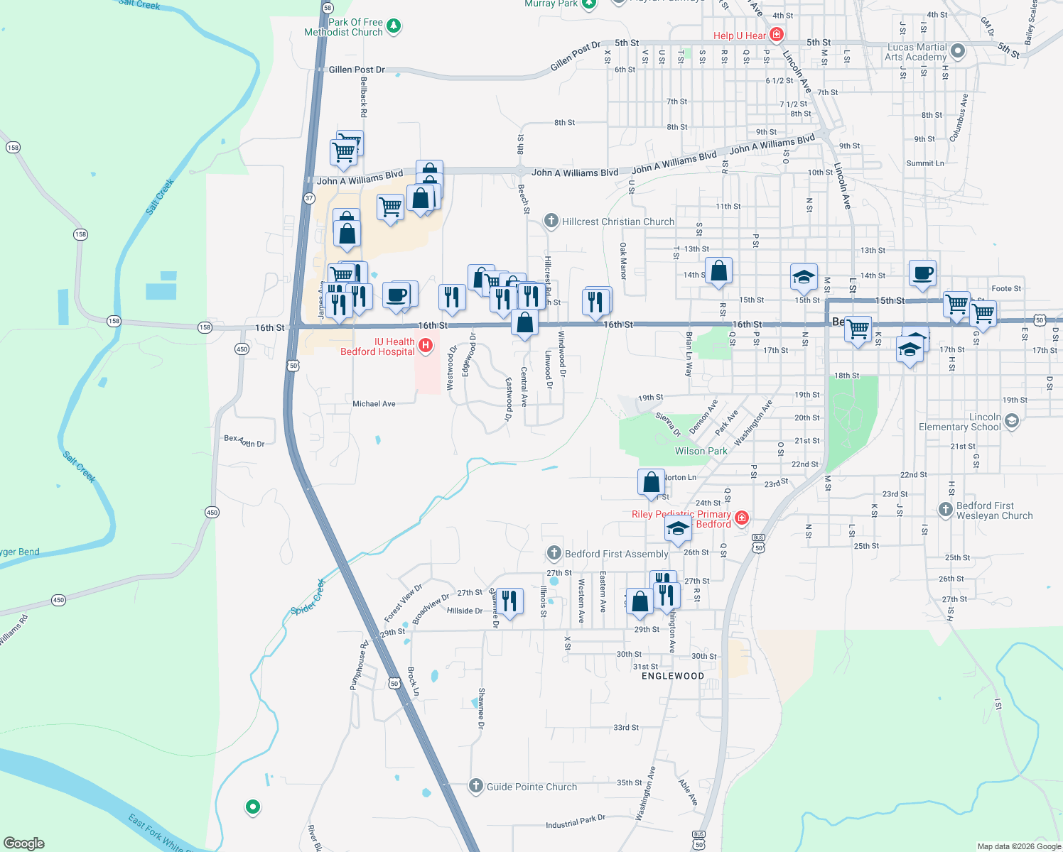 map of restaurants, bars, coffee shops, grocery stores, and more near 98 Oakwood Ln in Bedford