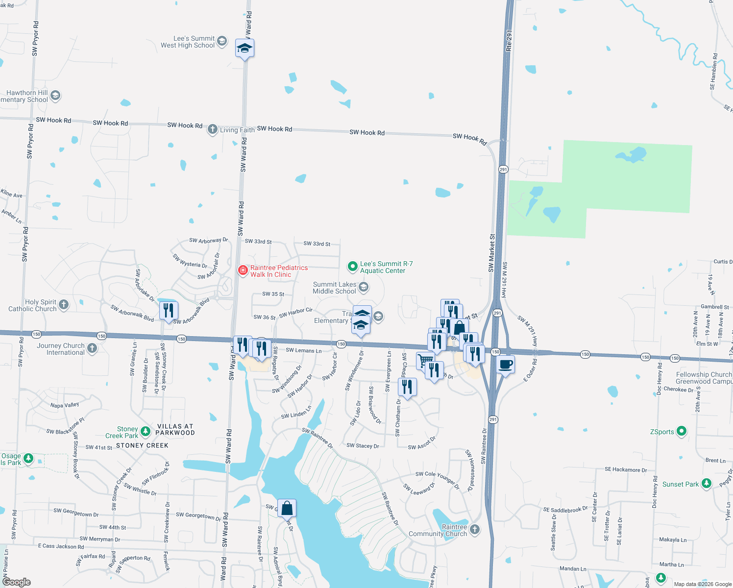 map of restaurants, bars, coffee shops, grocery stores, and more near 3500 Southwest Windemere Drive in Lee's Summit