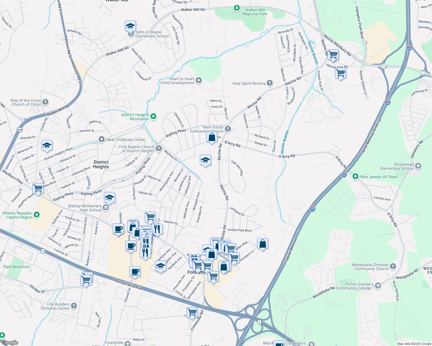 map of restaurants, bars, coffee shops, grocery stores, and more near 2401 Ritchie Road in District Heights