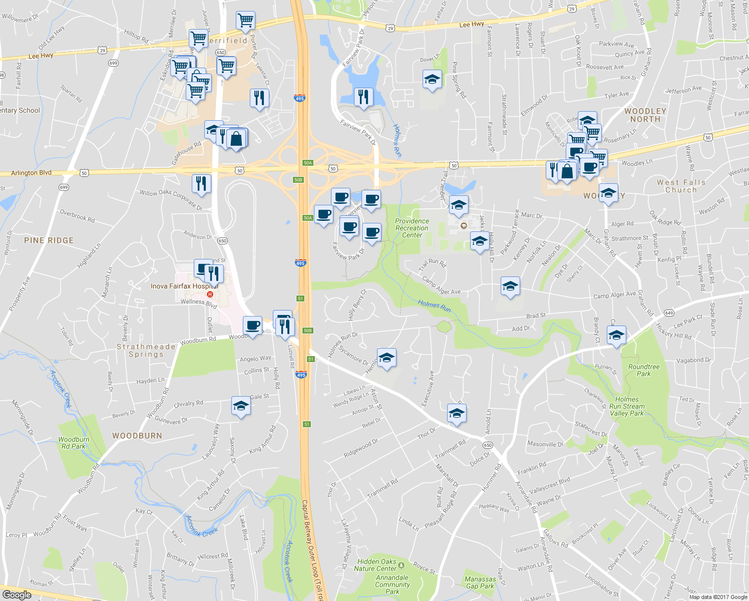map of restaurants, bars, coffee shops, grocery stores, and more near 7803 Freehollow Drive in Falls Church