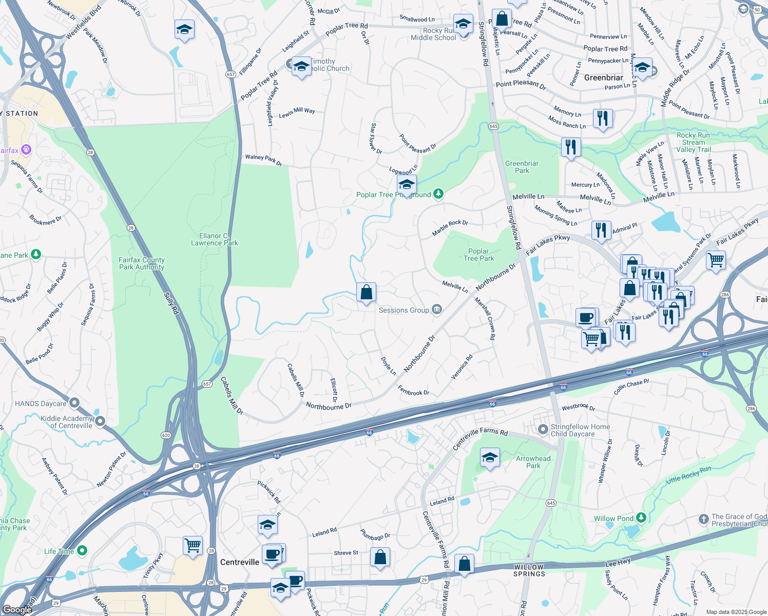 map of restaurants, bars, coffee shops, grocery stores, and more near 5080 Highbourne Lane in Centreville