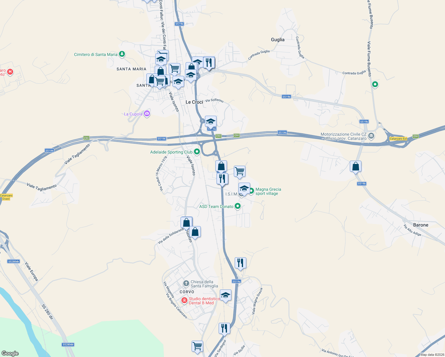 map of restaurants, bars, coffee shops, grocery stores, and more near 82 Viale Magna Grecia in Provincia di Catanzaro