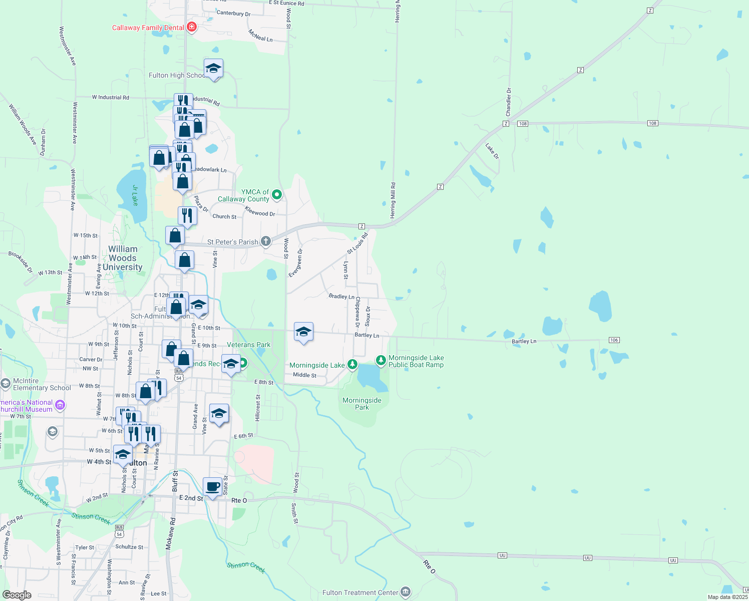 map of restaurants, bars, coffee shops, grocery stores, and more near 1302 Bradley Lane in Fulton
