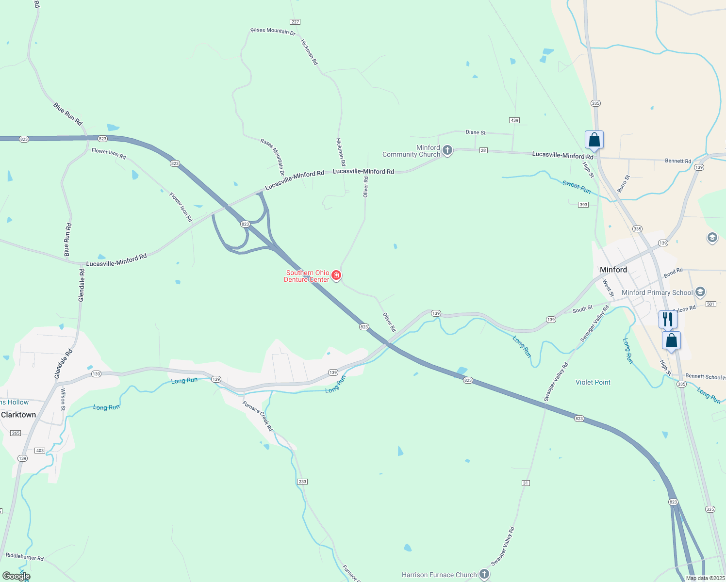 map of restaurants, bars, coffee shops, grocery stores, and more near 276 Oliver Road in Minford