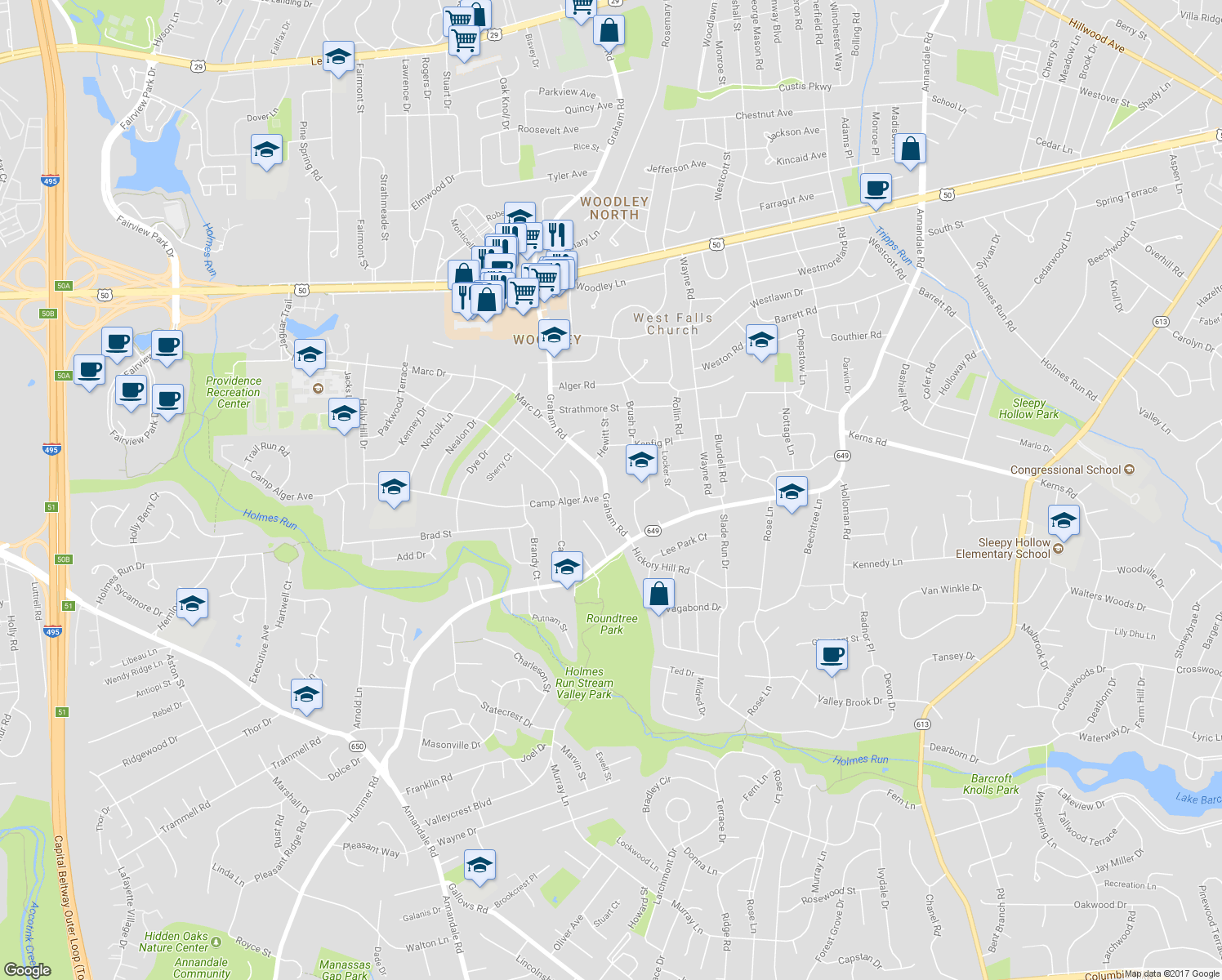 map of restaurants, bars, coffee shops, grocery stores, and more near 3231 Graham Road in Falls Church