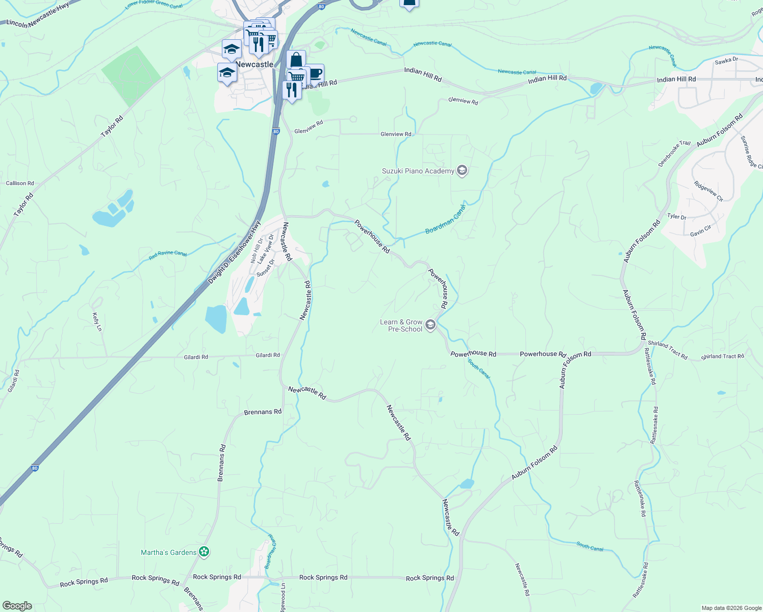 map of restaurants, bars, coffee shops, grocery stores, and more near 1820 Oak Terrace in Newcastle